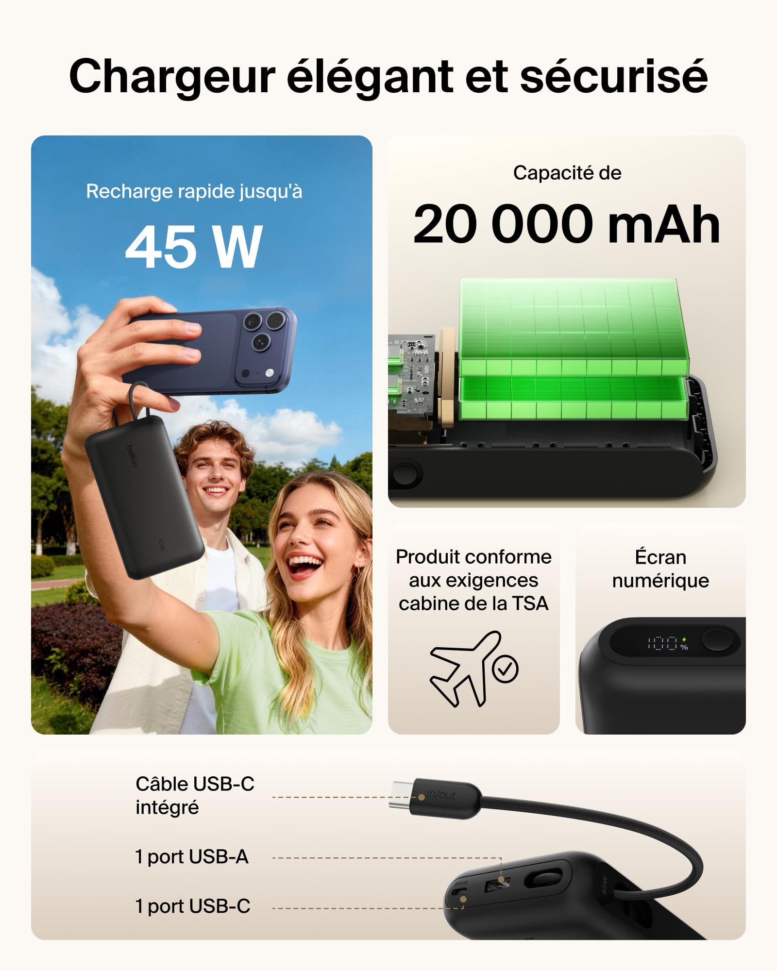Belkin UltraCharge Batterie Externe 20K avec Câble USB-C Et Écran - Noir