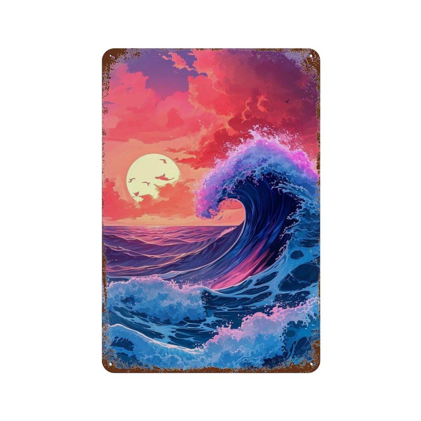 Vintage Rust Metal Sign Ocean Wave Sunset Art Print 11.8"x7.9", Old School Wall Decor for Garage, Bar And Workshop Decor