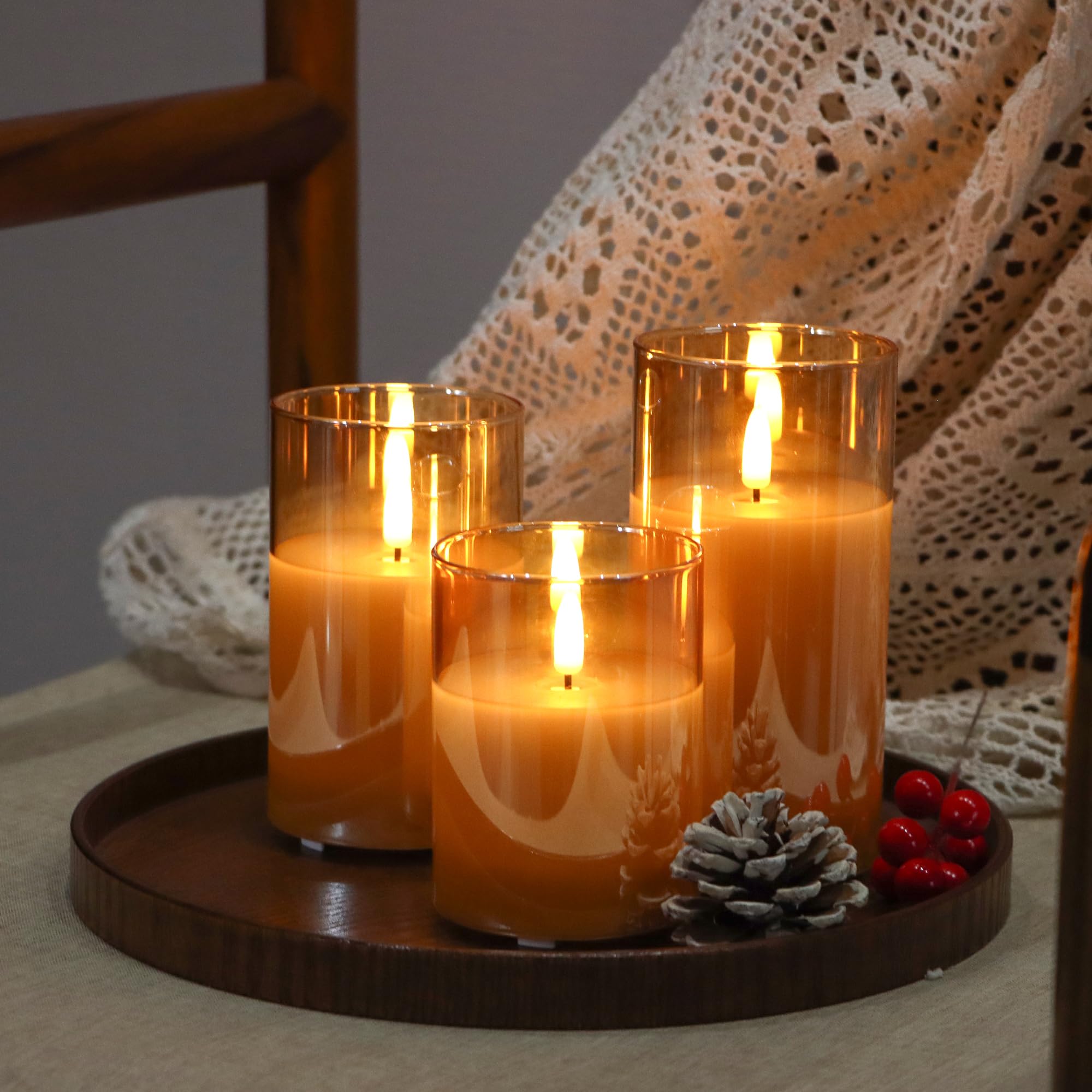 MOZC 3 Candele LED Ricaricabili In Vetro Con Telecomando | Effetto Fiamma, Timer, USB-C, Grigio