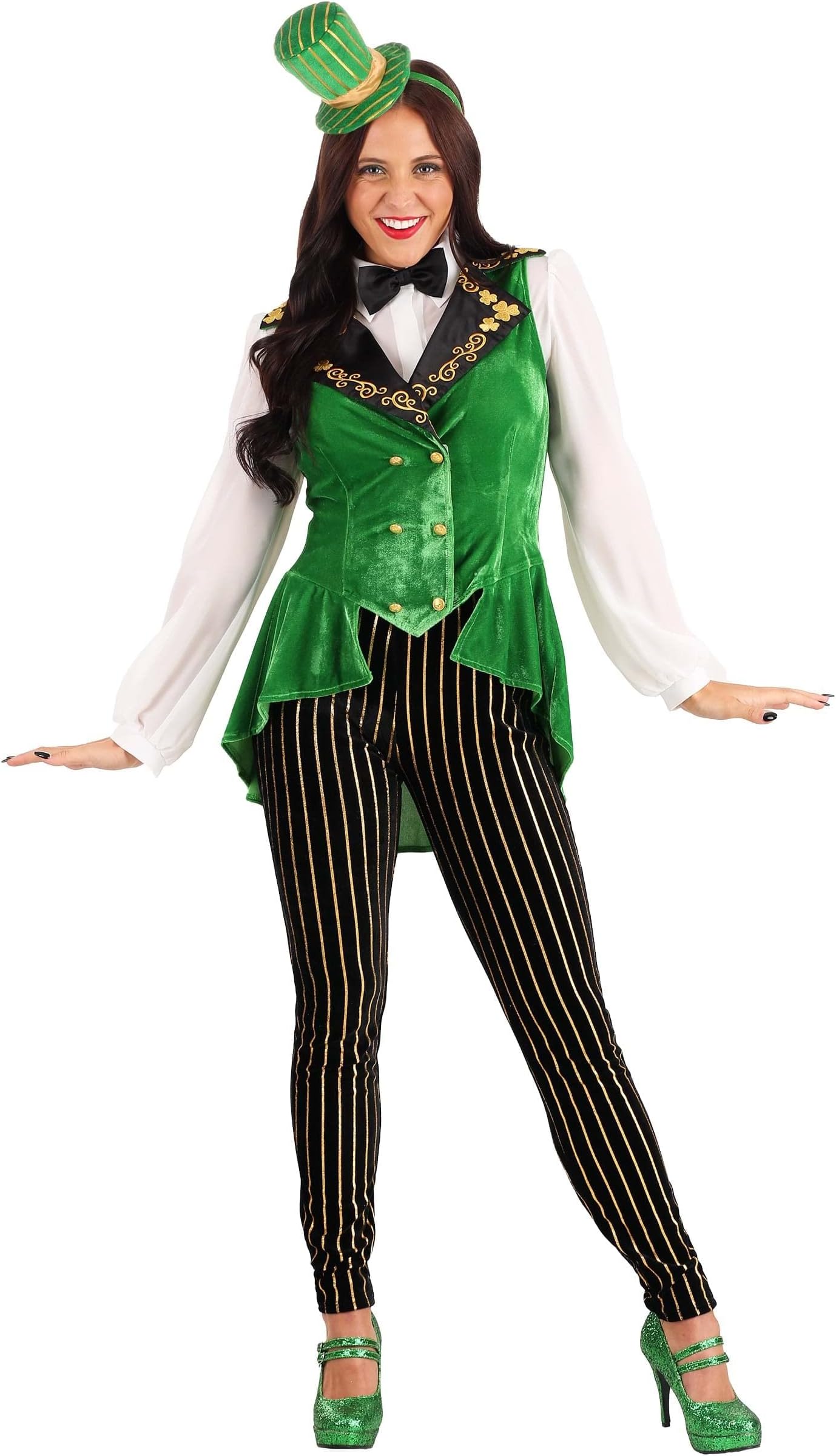 Lavish Leprechaun Women's Costume - Green Velour with Mini Top Hat, Gold Embroidery, St. Patrick's Day Outfit