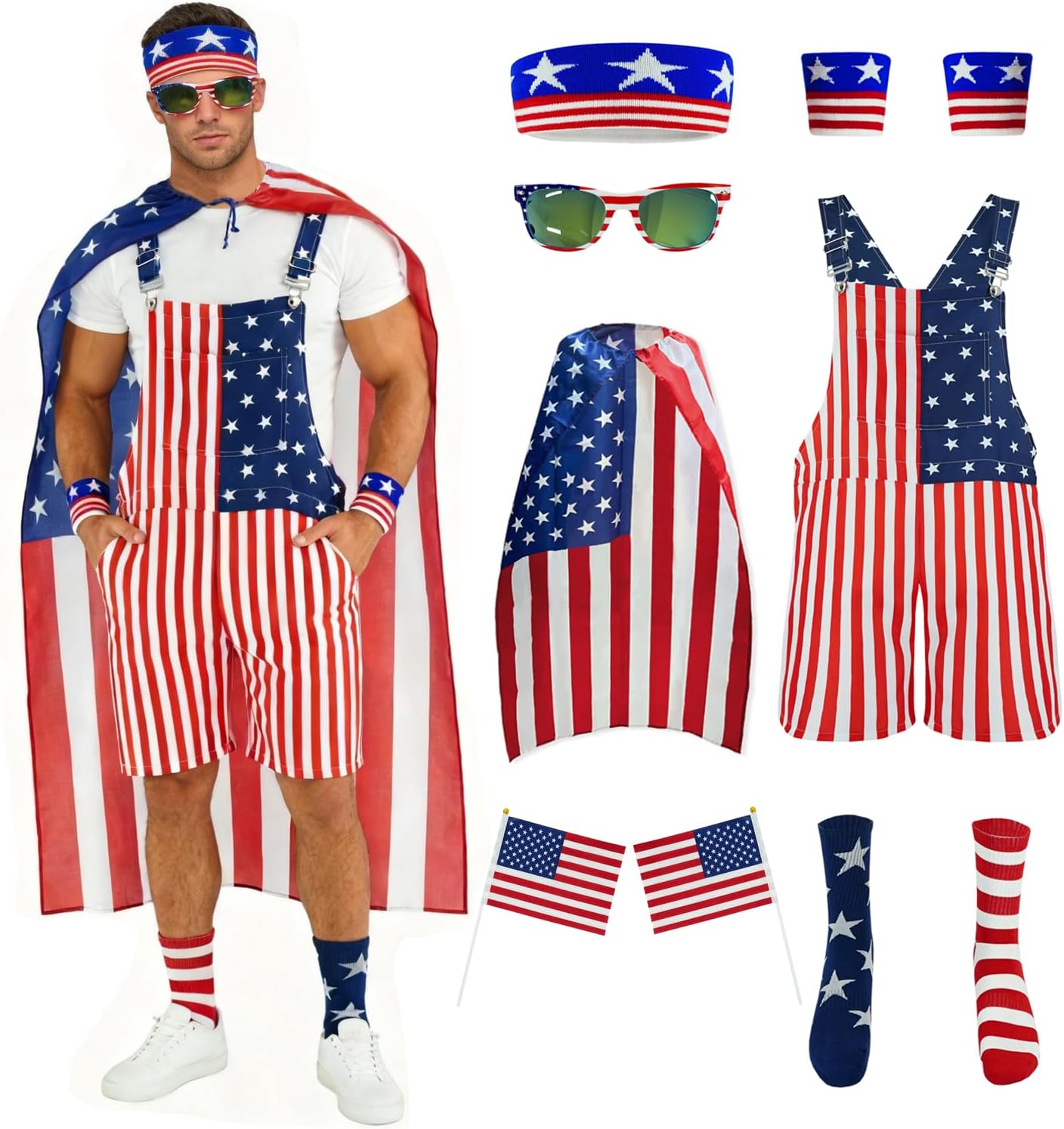 American Flag Overalls for Men 4th of July Shorts Romper with USA Flag Cape Sunglasses Sweatband Wristbands Socks 3XL