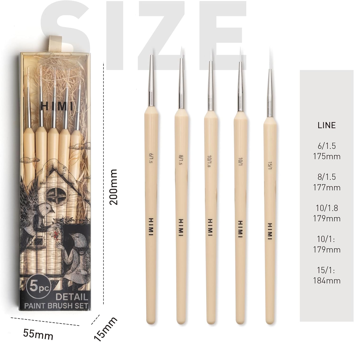 HIMI Gouache/Paint Detail Brushes Set 5 Pcs for Acrylic Oil Watercolor Face & Body Gouache Painting Nice Gift Art hobbyist,Adults (Yellow, Detail Brush)