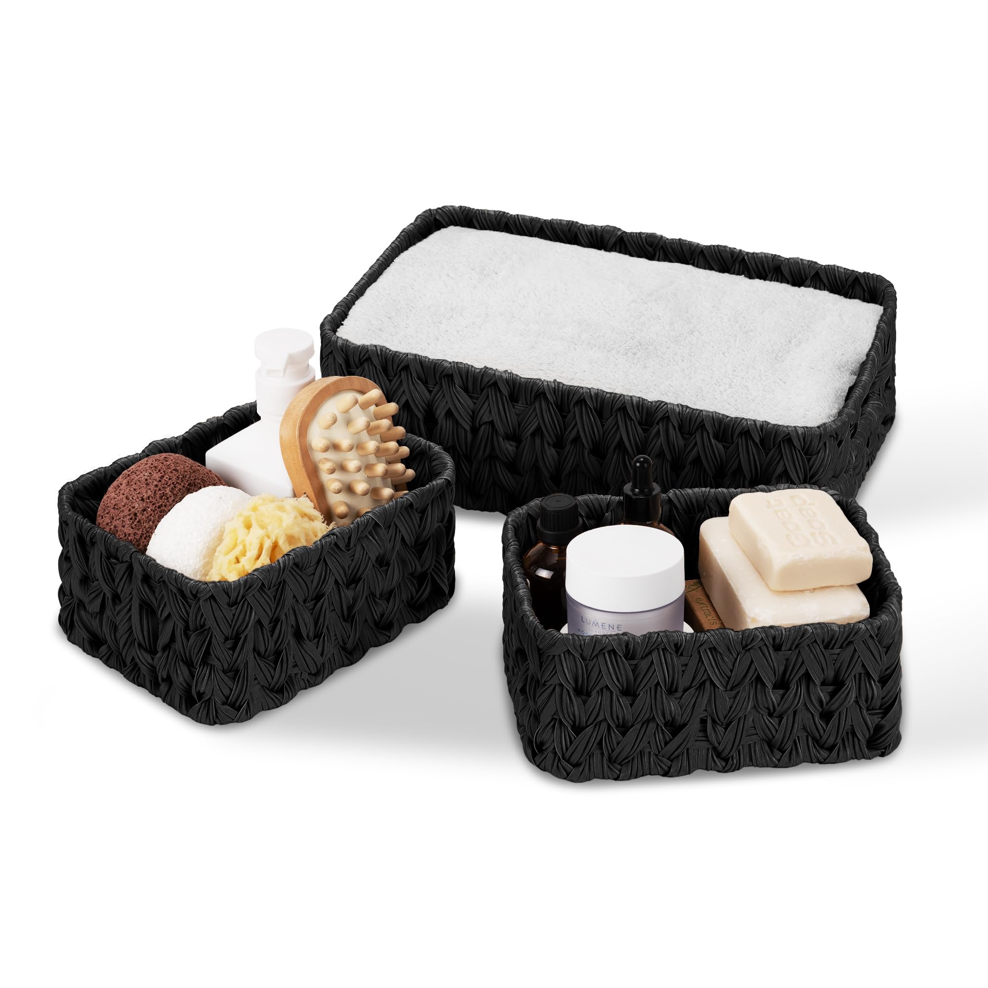 GRANNY SAYS Wicker Baskets for Organizing, Wicker Storage Basket for Shlef, Woven Baskets Oraganizer, Waterproof Vanity Basket for Towel, Home Organization, Black, 3-Pack — image 1