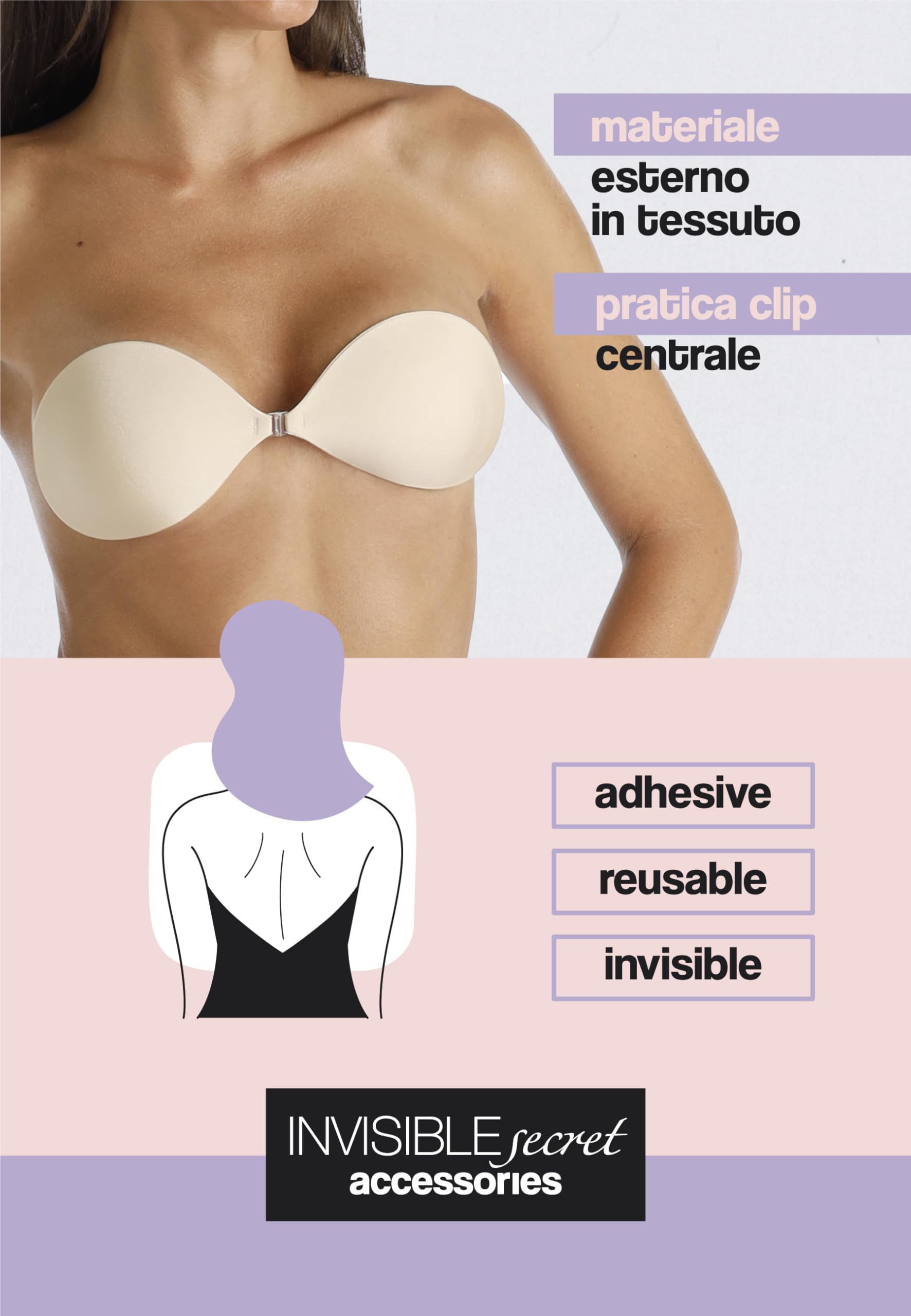 Lovable Reggiseno Invisibile e Adesivo, Senza Spalline, Coppe Adesive con Tessuto Esterno, Autoreggenti, Riutilizzabili, Invisible Secret Donna