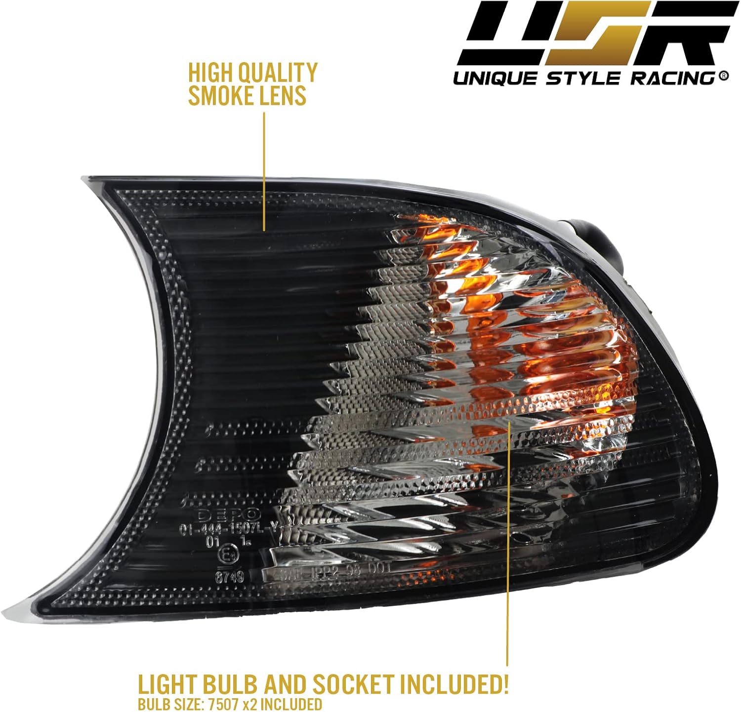 DEPO 00-01 E46 2D Cornering Lights - OE Euro Smoke Clip-On Corner Turn Signal Lamps (Left + Right) Compatible with 2000-2001 BMW E46 3 Series 2 Doors Coupe/Convertible (Smoked Lens w/ 2 Amber Bulbs)