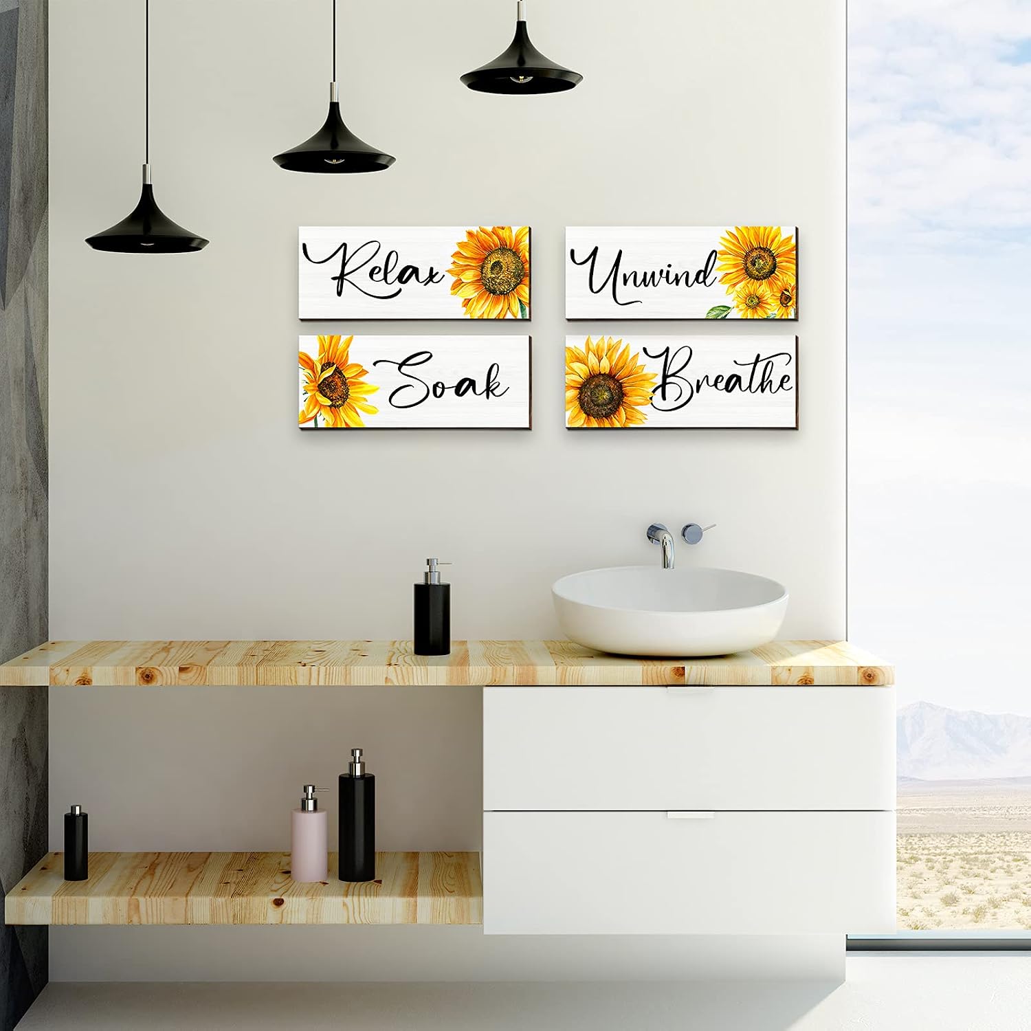 Roowest 4 Pieces Relax Soak Unwind Breathe Wood Signs Relax Soak Sunflower Bathroom Wooden Wall Decor Rustic Wood Home Decor Wooden Bathroom Letters Wall Art for Home image 4