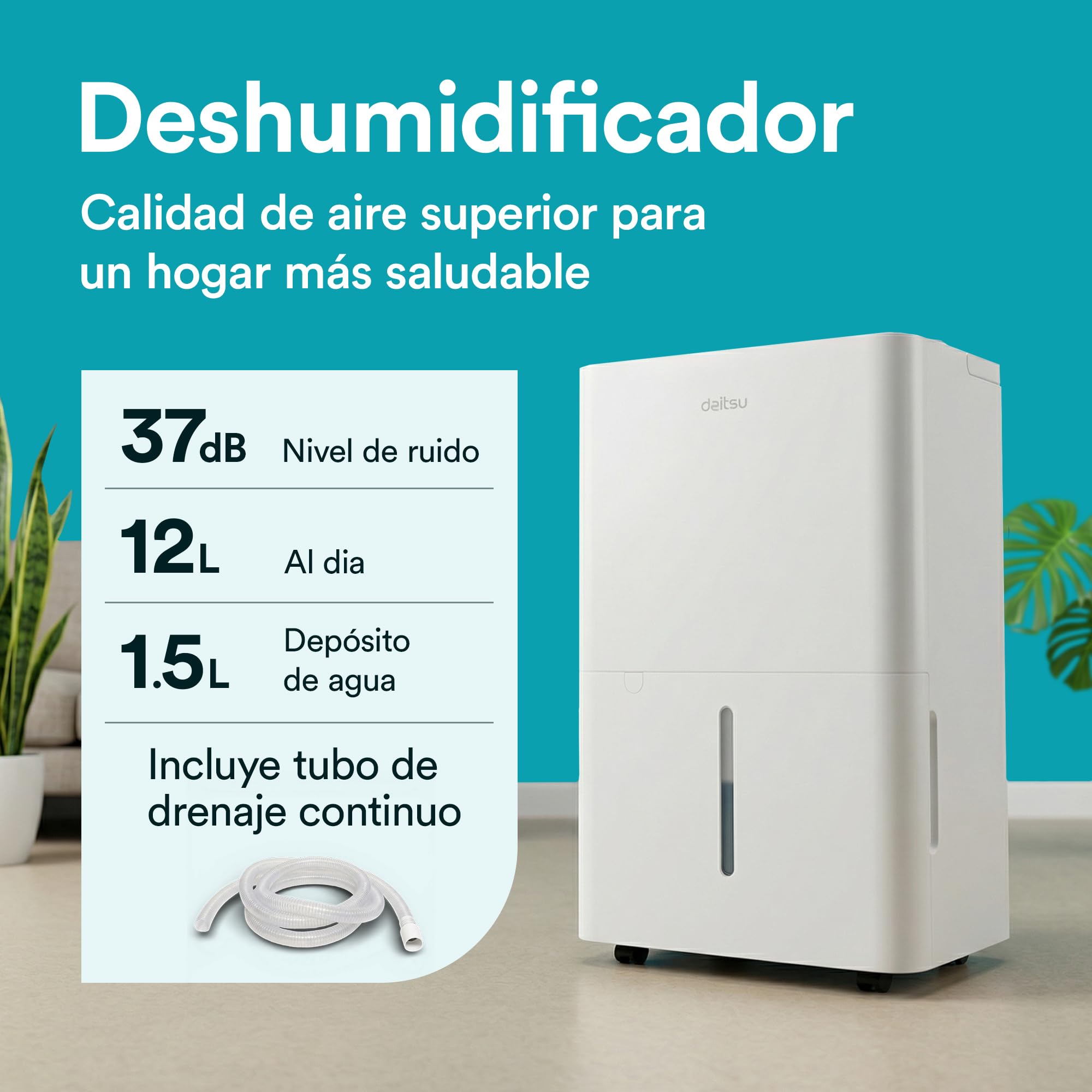 Daitsu Deshumidificador de Humedad 12L Silencioso | Modo Secado de Ropa | Control Automático de Humedad | Diseño Compacto y Bajo Consumo | Ideal para Hogar y Oficina | Eficiencia Energética Clase A