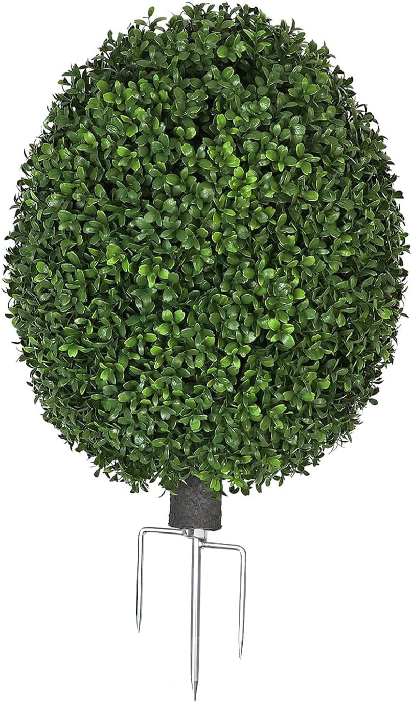 QIANYUN 26 Inch Artificial Boxwood Topiary Shrubs, UV Resistant Artificial Outdoor Flowers, Waterproof Oval-Shaped Fake Evergreen Bushes for Garden Front Porch Patio Indoor Use (1, 26")