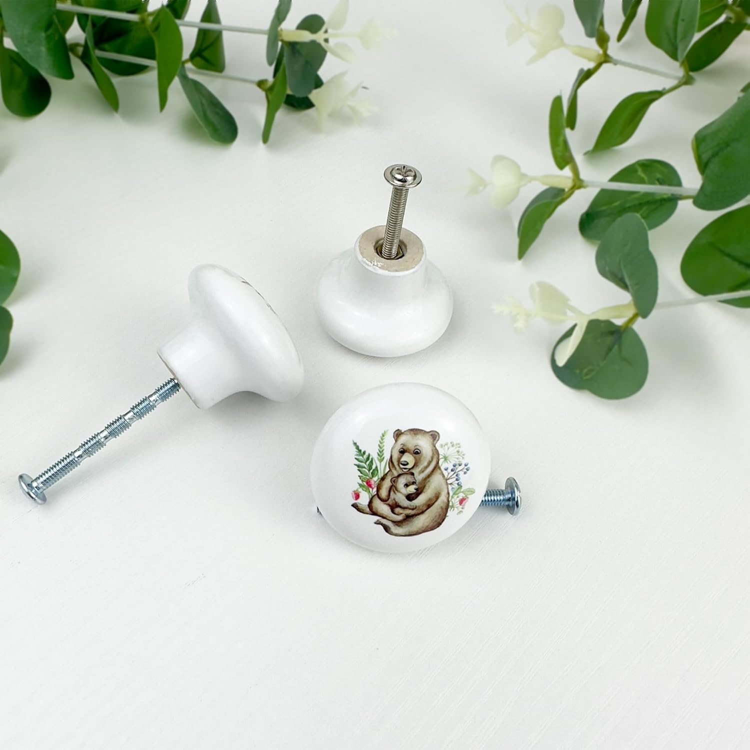 8Pack1.5 Flower Safari Animals Ceramic Cabinet Knob Cute Bear Nursery Kids Furniture Handle Round Dresser Drawer Knobs and Pulls