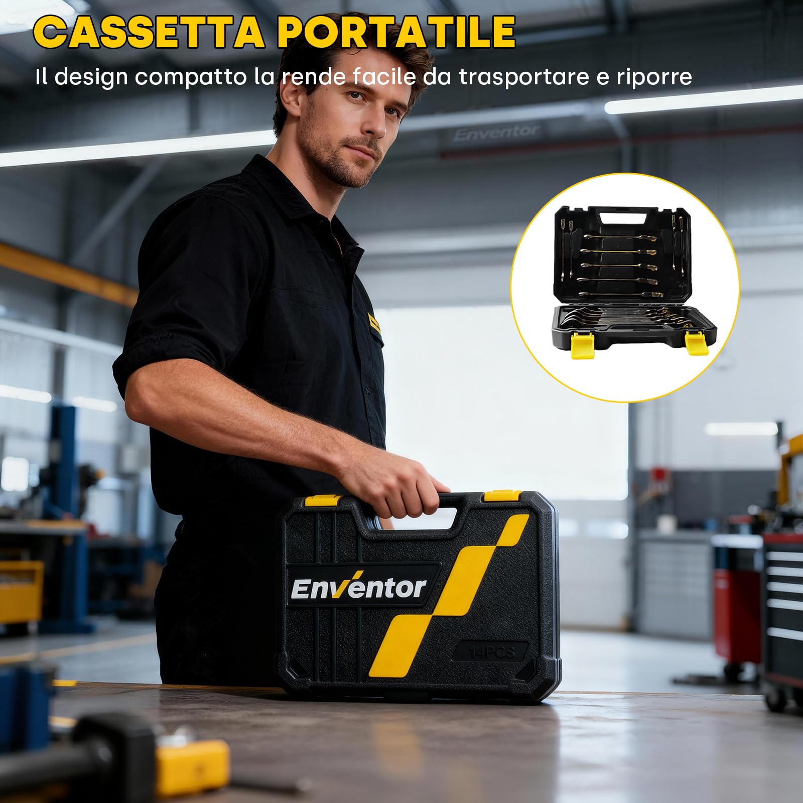 Enventor Set Chiavi a Cricchetto 14pcs, Flessibile Chiave a Cricchetto da Metrico 6mm-19mm, Acciaio al Cromo Vanadio, Nichelato Nero, 90T, Testa Rotante a 180°, Arco di Rotazione a 4°, Cassetta