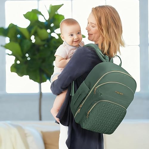 Miniatura 2 de KABAQOO Mochila para pañales de bebé, mochila impermeable para pañales para mamá y papá con cambiador, bolsillos aislados y correas para cochecito,
