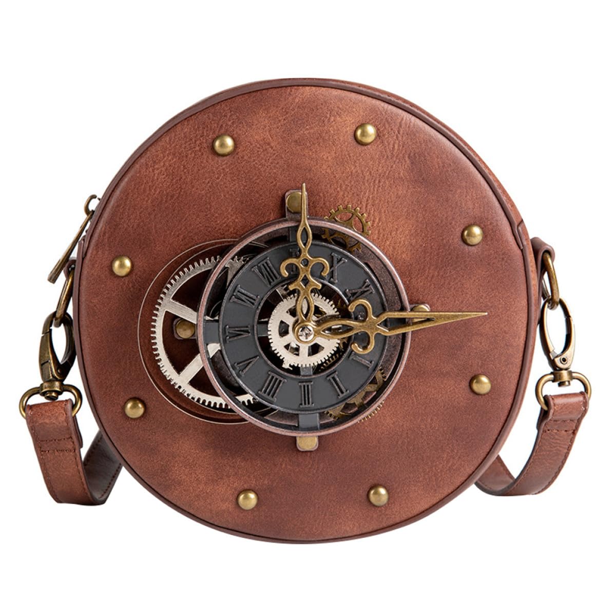Veemoon Bolso de Hombro Mujer Estilo Steampunk Vintage Redondo, Piel Pu Negra, Bolsa de Almacenamiento Práctica para Uso Diario y Outfits Punk, Diseño Compacto y Moderno