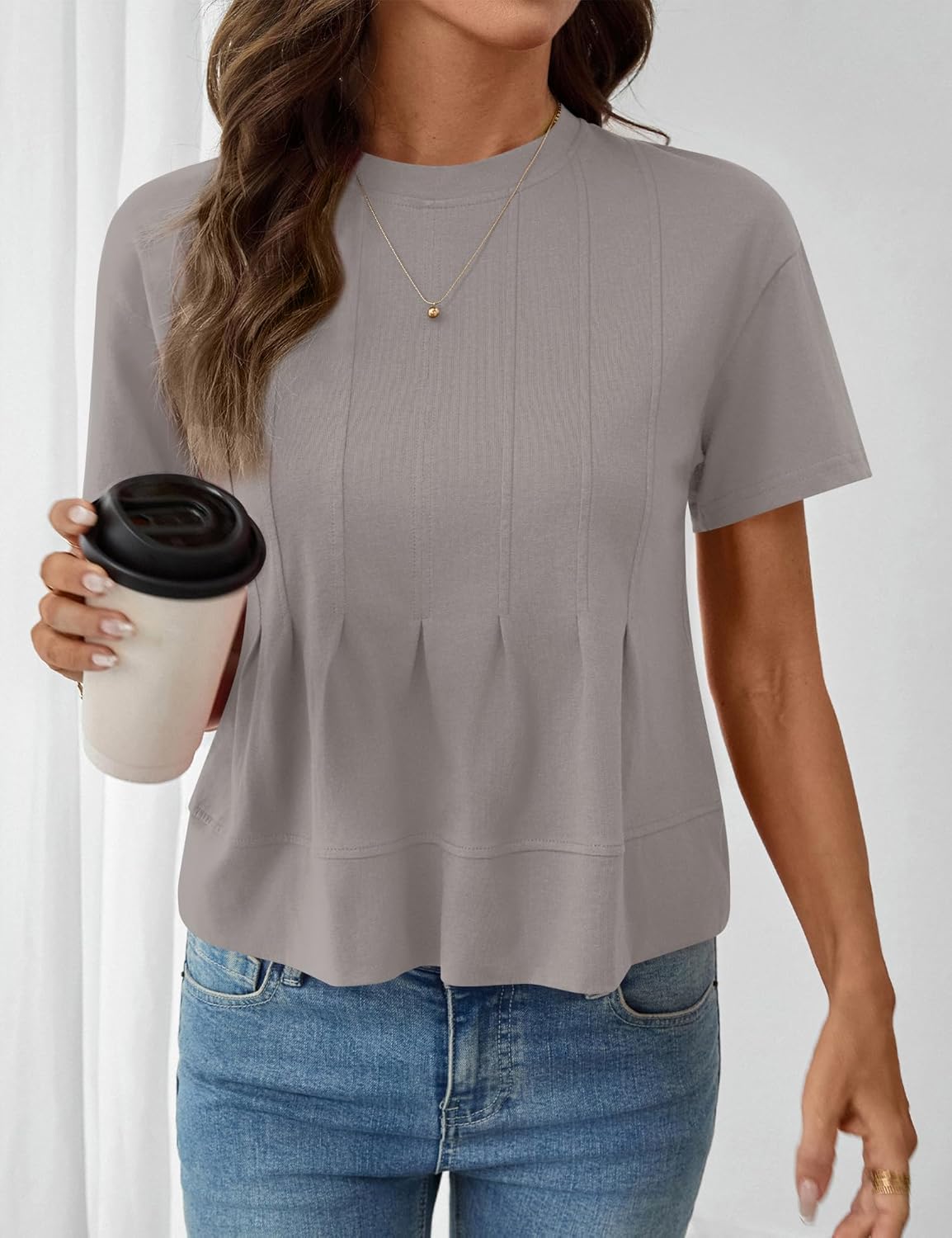 LOMON Spring Peplum Tops for Women Babydoll Pleated Short Sleeve Crop Swing Shirts Blouses Trendy Casual Clothing 2026 - Image 6