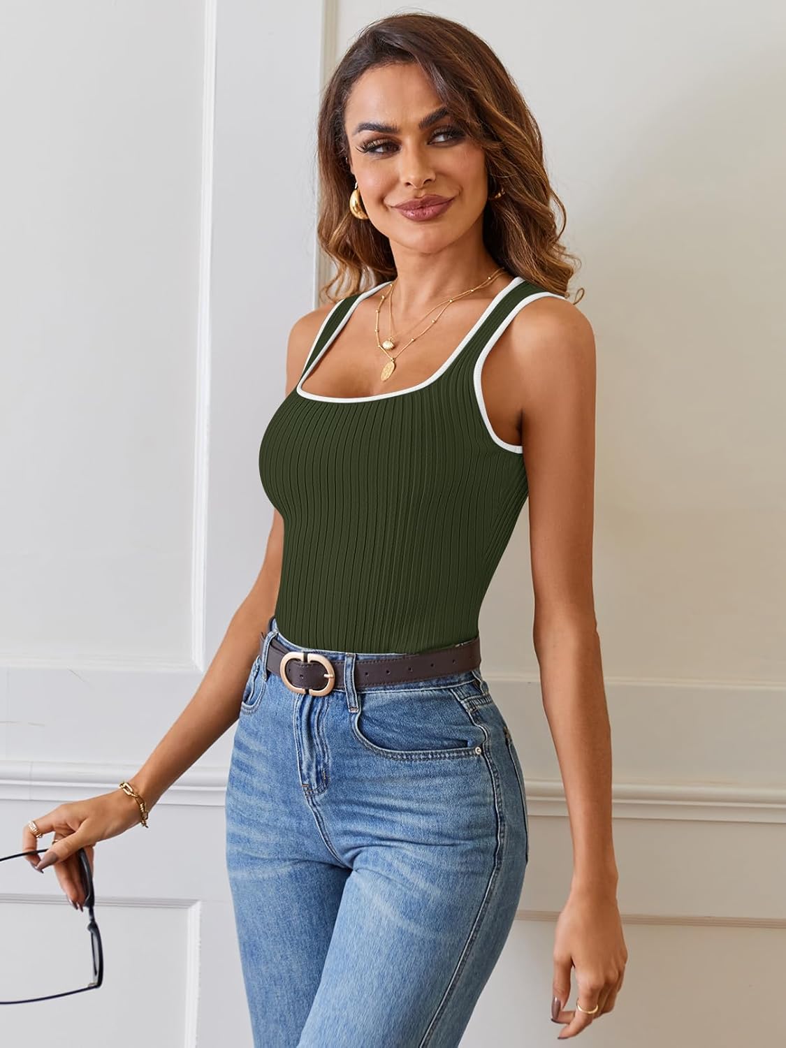 MEROKEETY Women's Sleeveless Square Neck Tank Tops 2026 Slim Fitted Color Block Knit Shirts Summer Basic Sweater Vest - Image 3