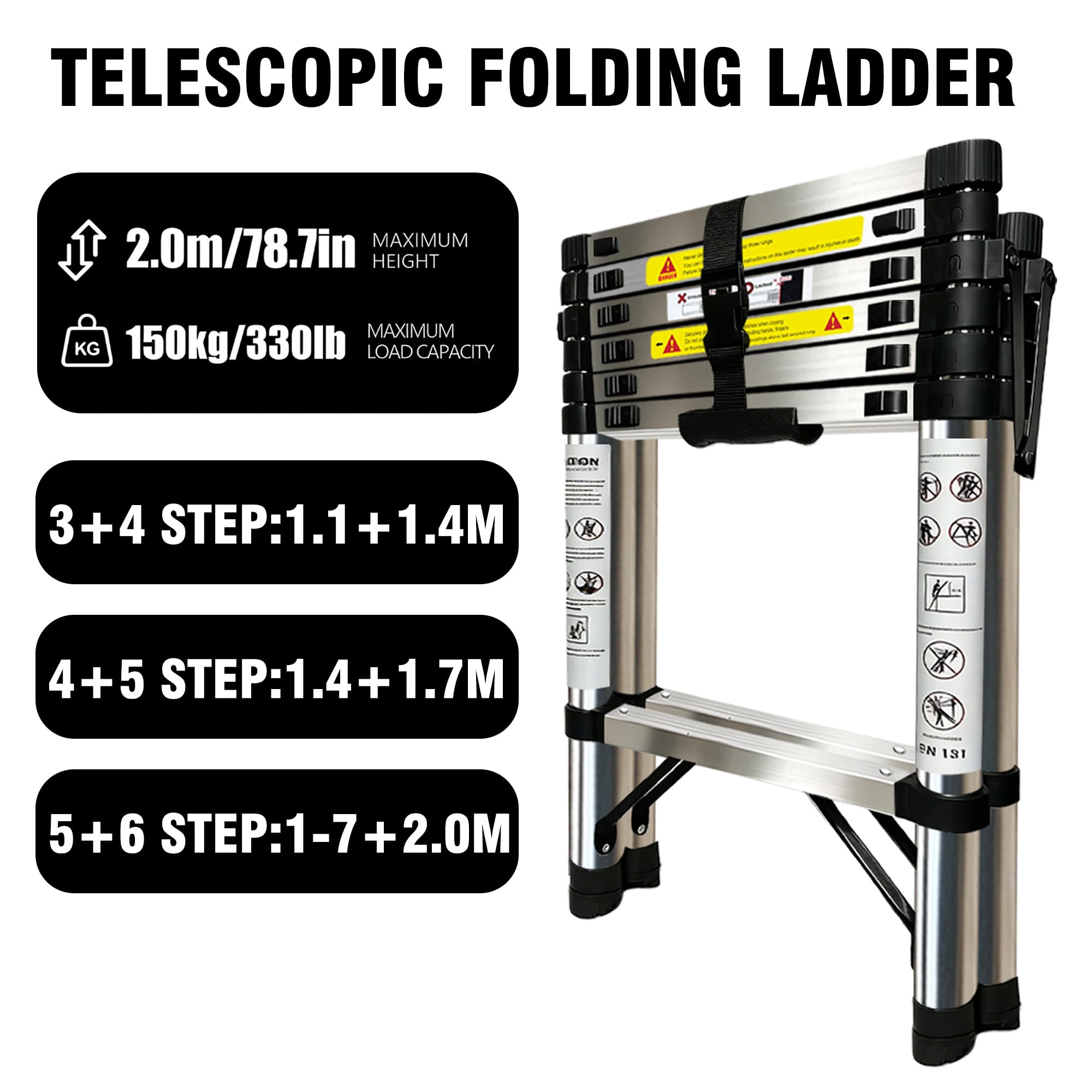 1.7+2m Escalera Plegable de Acero Inoxidable,Escalera 5+6 peldaños,Escalera TelescóPica Estructura en Forma de A,Escalera Extensible Bloqueo de Seguridad Carga máxima de 150 kg