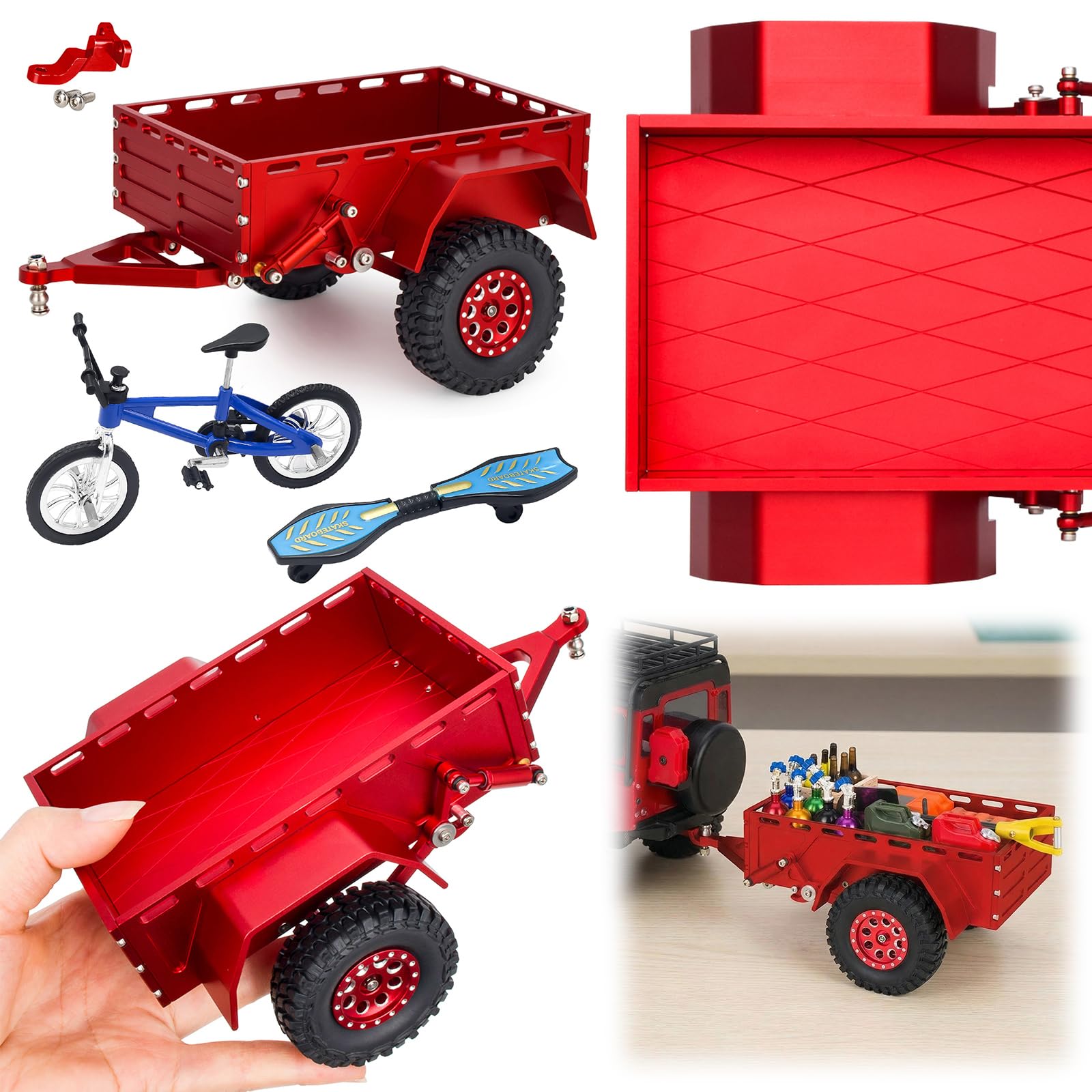Obrabiana metalowa przyczepa RC z realistycznymi akcesoriami rowerowymi i deskorolkowymi 1/18, 1/24