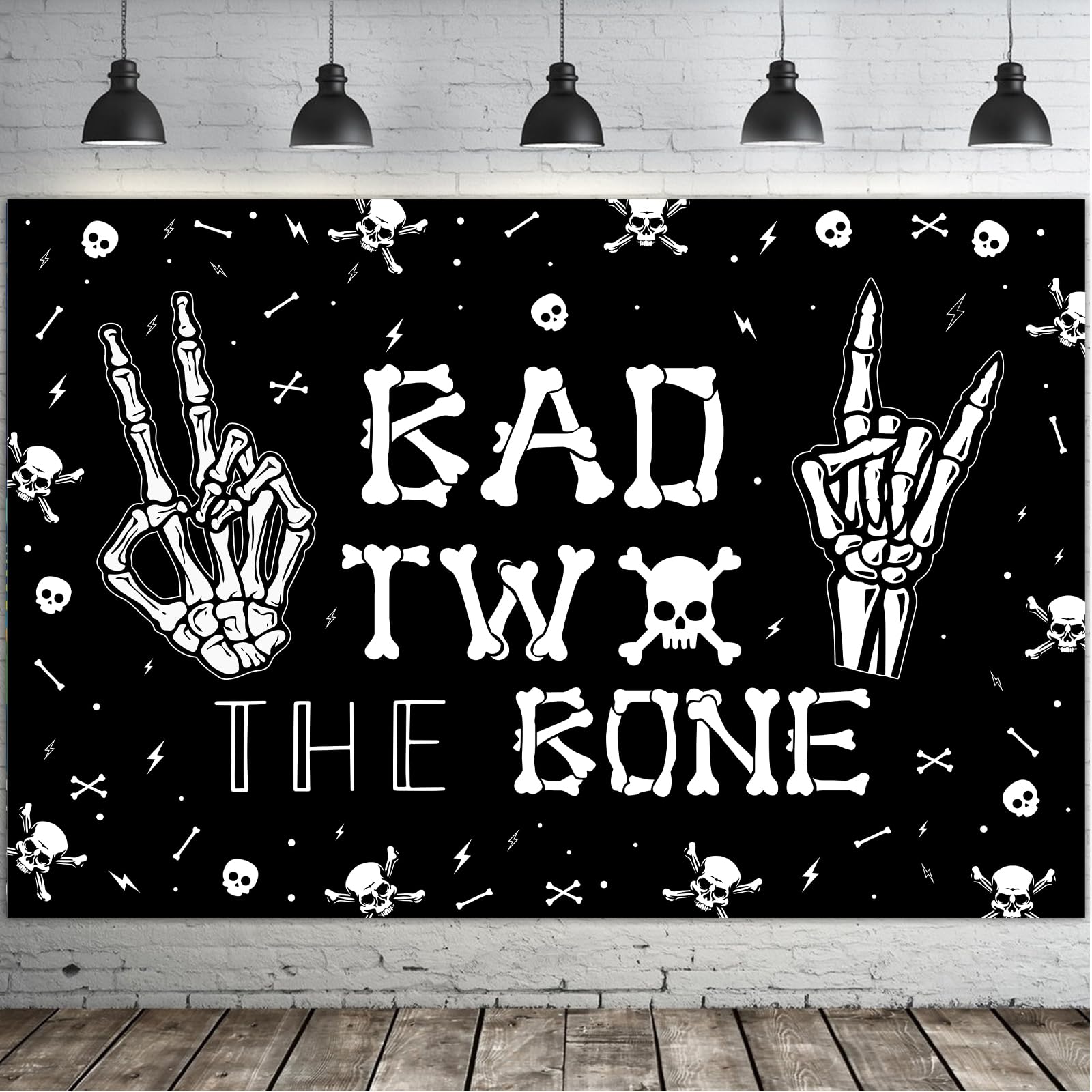 kreat4joy Bad Two The Bone Backdrop Banner 7 x 5 ft, Skeleton Theme 2nd Birthday Decorations for Music Rock and Roll Birthday Party Photography