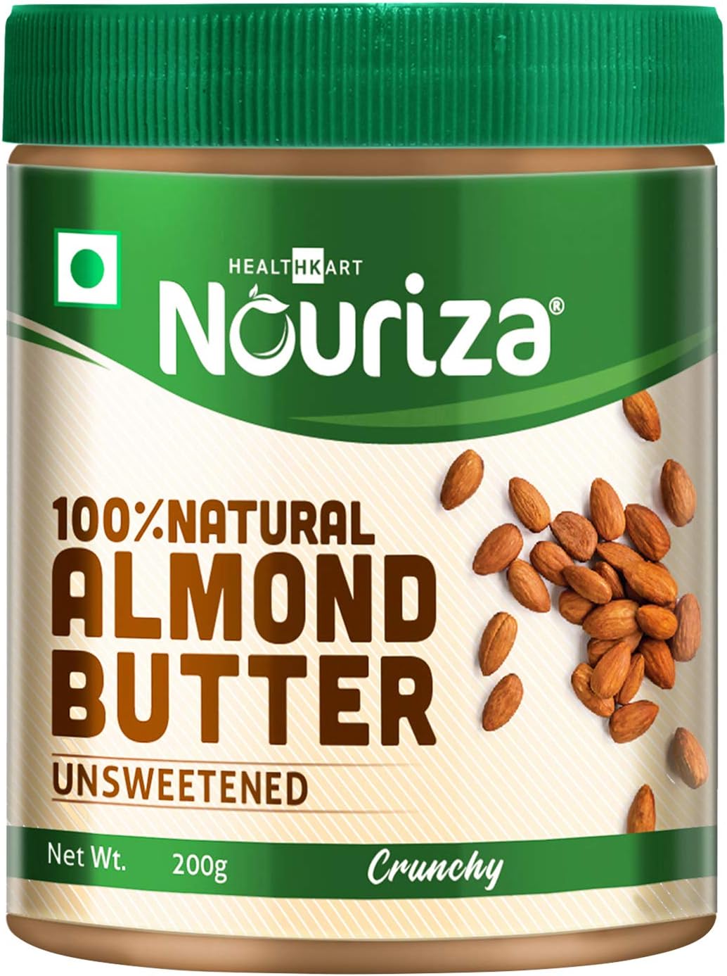 Nouriza 100% Natural Almond Butter (California Almonds), Unsweetened, Crunchy 200g