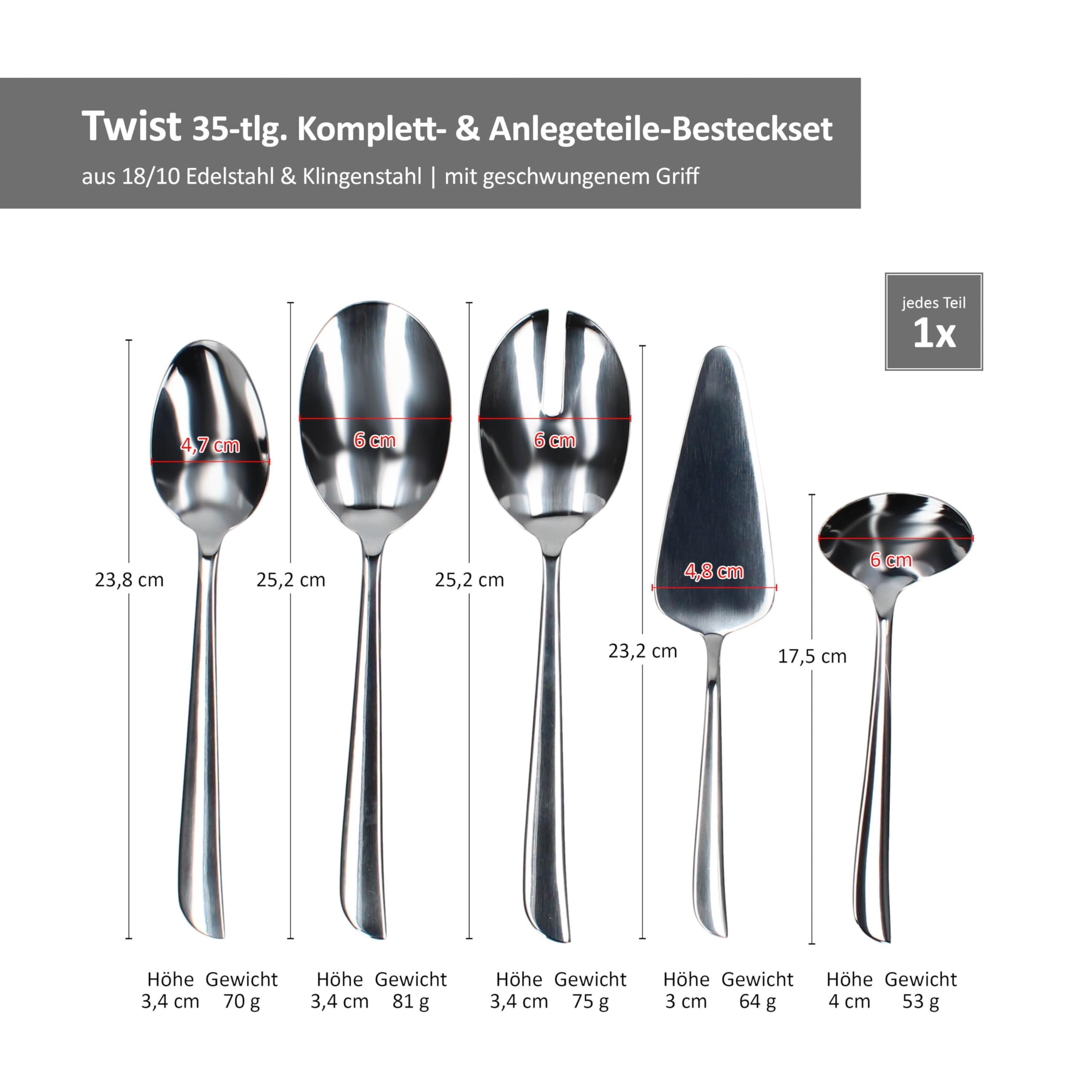 Justinus Twist 35tlg Komplett-Besteck-Set inkl Anlegeteile I für 6 Personen I mit geschwungenem Griff I 18/10 Edelstahl & Klingenstahl I Gabel, Messer & Löffel I für Gastro & Zuhause