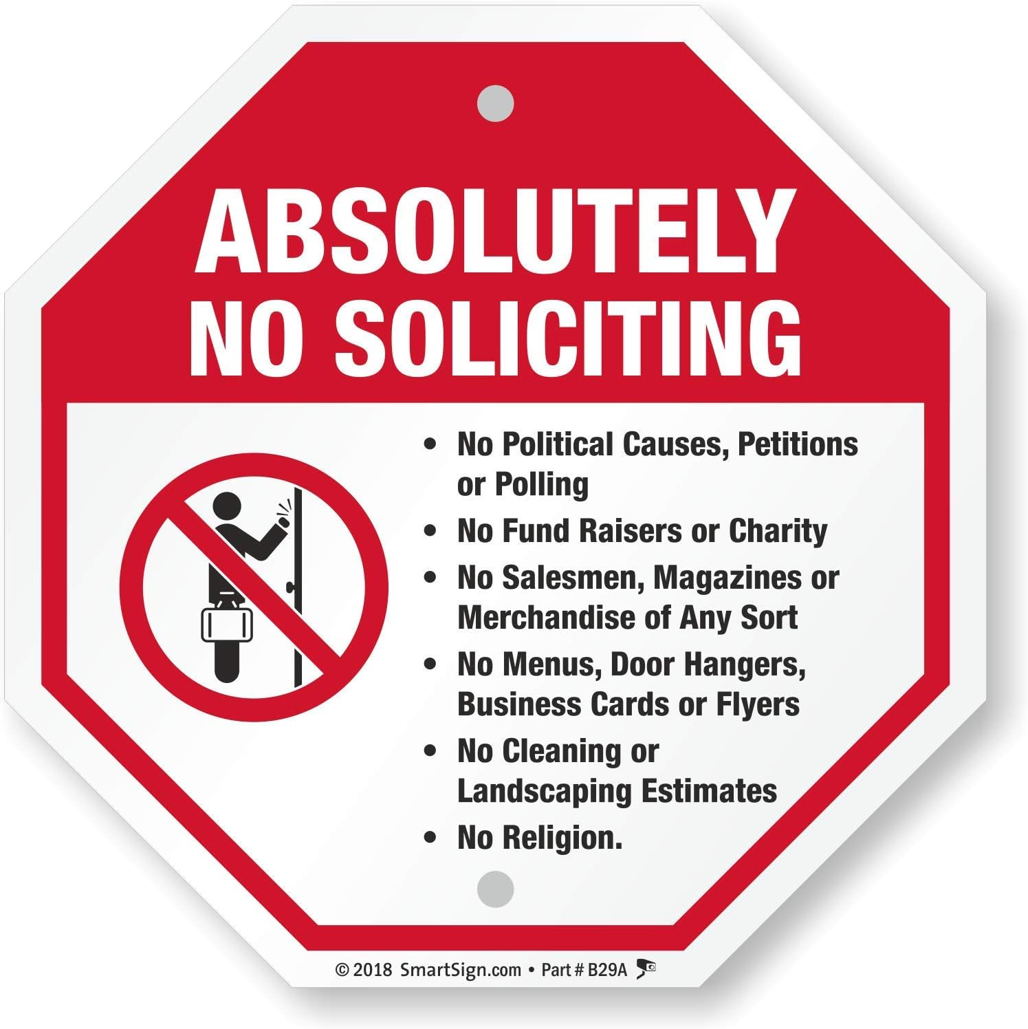 SmartSign Absolutely No Soliciting Sign for Door/Fence| 10" Octagon Aluminum Metal, Indoor/Outdoor Use, Made in USA