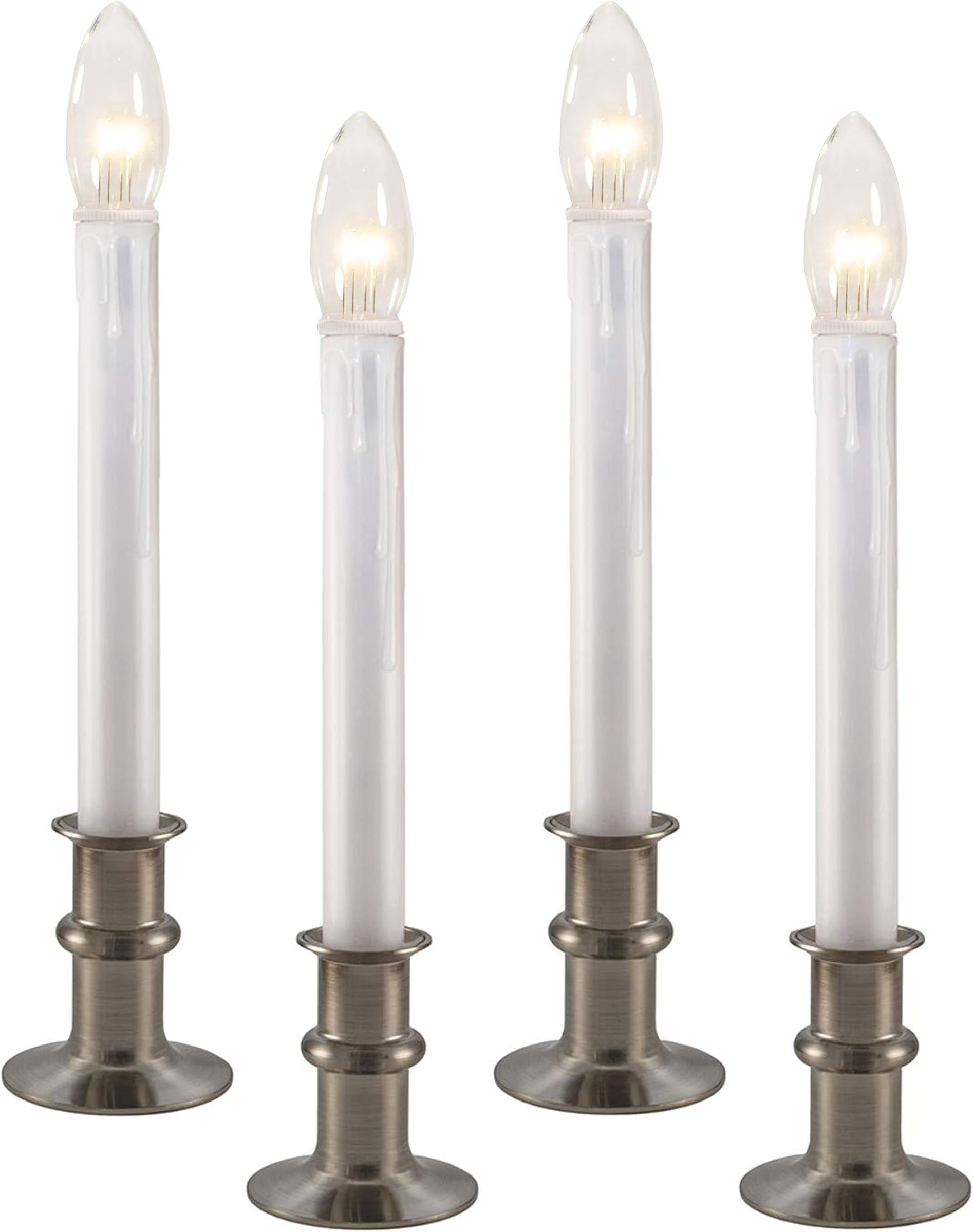 Ultra-Bright LED Window Candles with Timer, Battery Operated, Metal Base, White Candlestick, Adjustable Height (Pack of 4, Brushed Nickel)