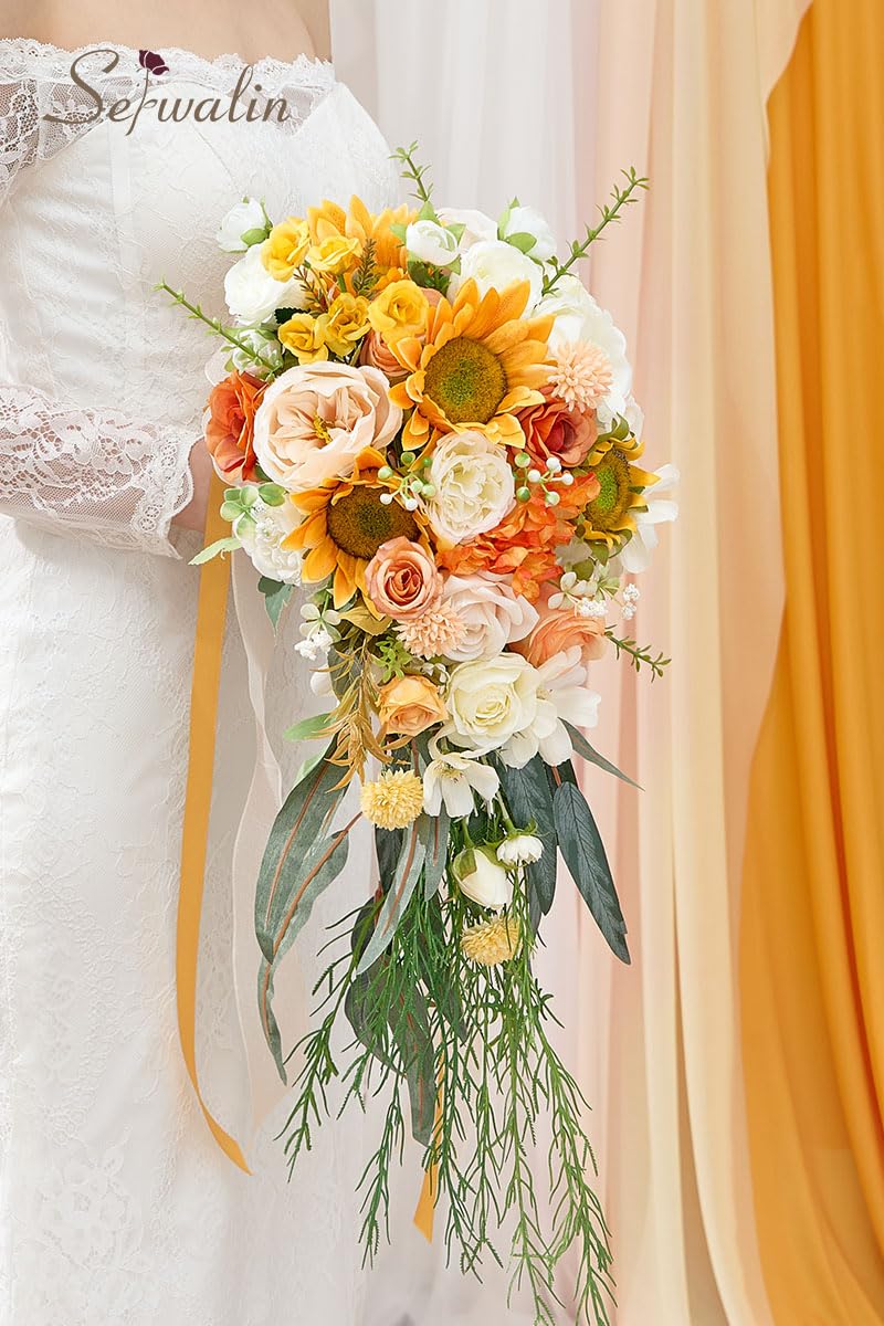 Serwalin Bouquets de mariage de 27,9 cm pour demoiselle d'honneur, bouquets de mariée blancs pour mariée, bouquet de fleurs de mariage, bouquet à lancer, bouquet de cérémonie de mariage et décoration
