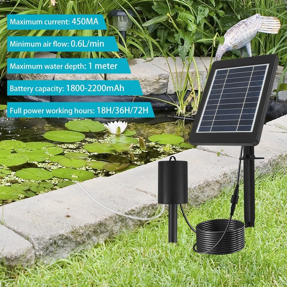 Solare Belüftungspumpe 6V 5W mit Erdspieß für Teich und Aquarium, leise Sauerstoffpumpe mit einstellbarem Panel und Akku für Fischbecken