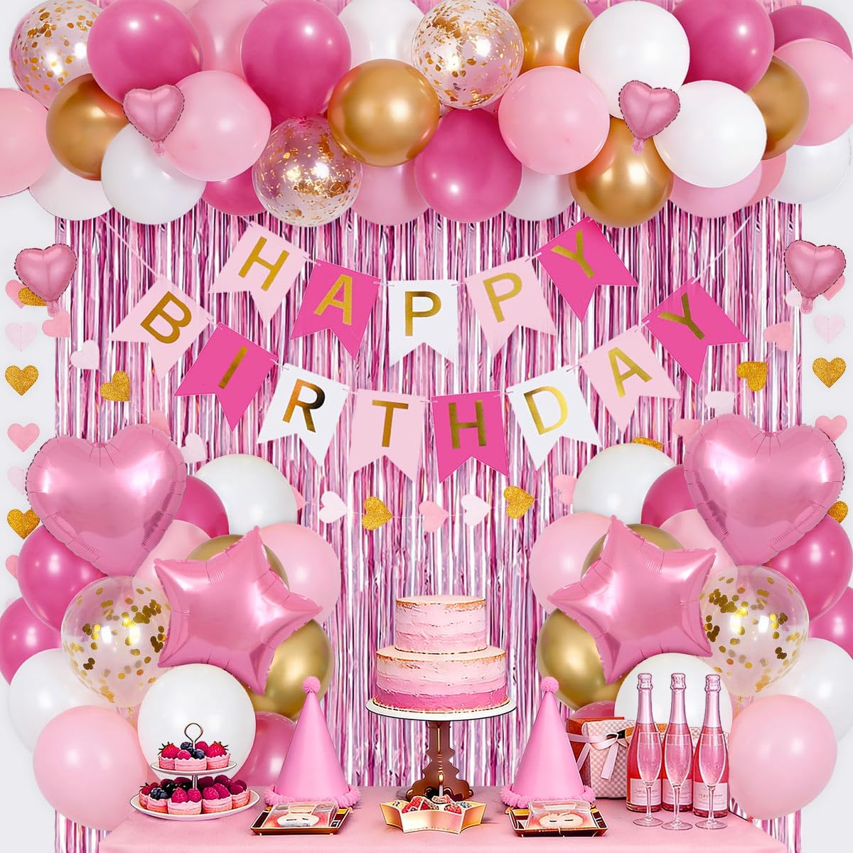Pink Birthday Decorations for Women Girls Happy Birthday Decor