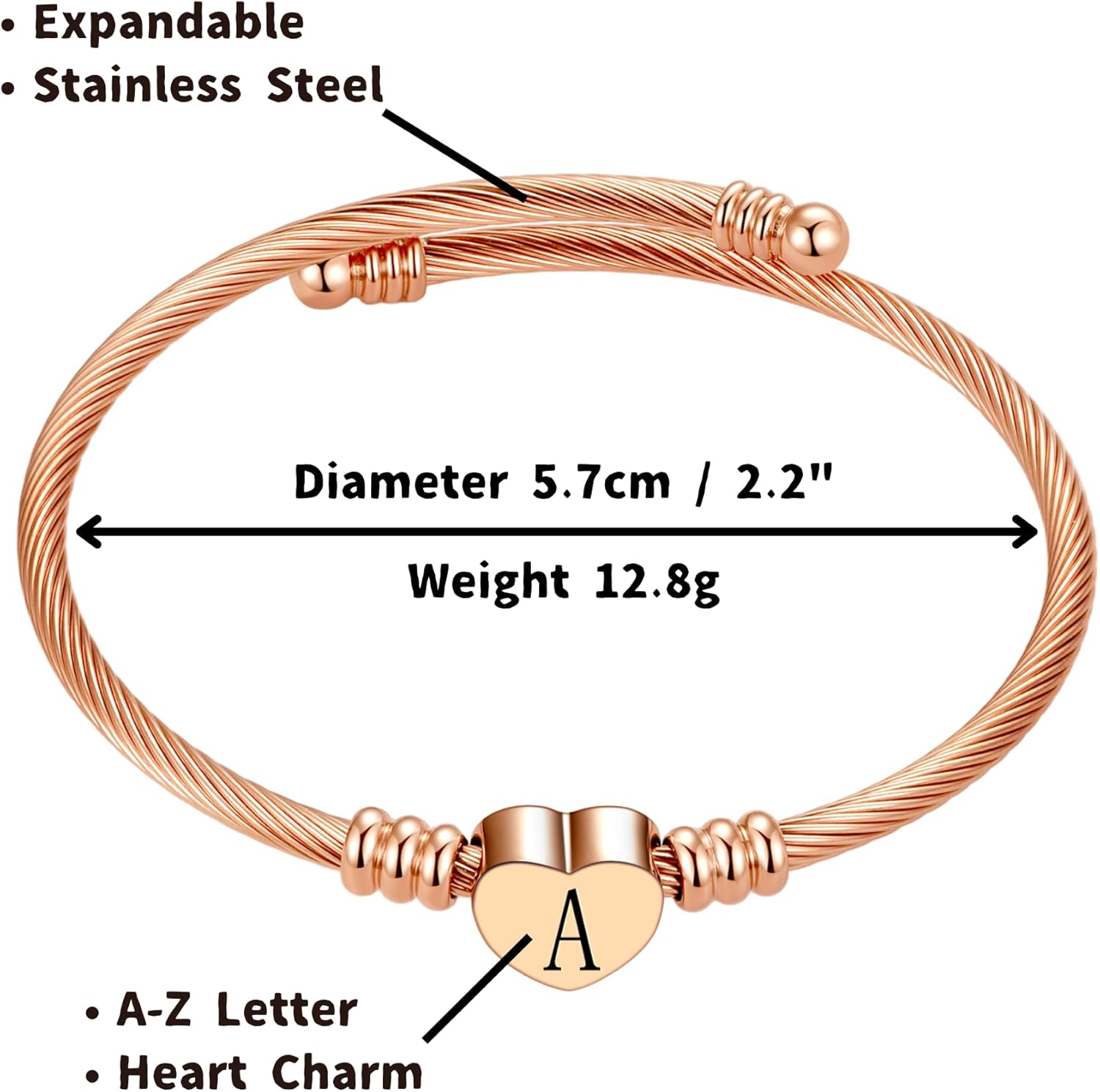 Pink Heart Initial A-Z Letter Bracelets Engraved Initial Charm Cuff Bracelets Expandable Stainless Steel for Women Jewelry - Image 2