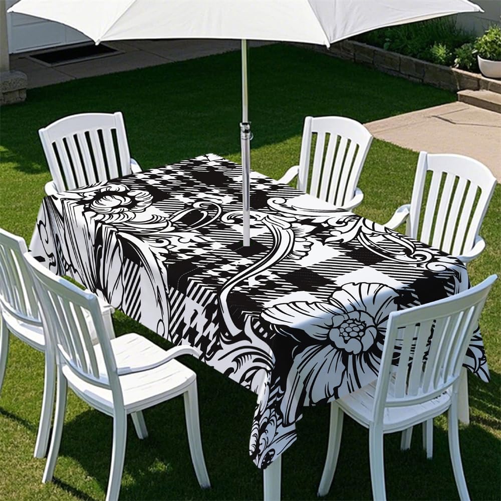 Odot 3D Vertical Stripes Tablecloths Rectangular Waterproof with Umbrella Parasol Hole and Zipper, Table Cover Wipe Clean Garden Outdoor Table Cloth for Garden Party (Vintage Flower,213x152cm)