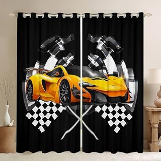 Yellow Race Car Window Curtains Black and White Grid Window Treatments Extreme Sport Soft Window Drapes for Kids Teens Room Decor Grommet Top 2 Panel Set Bedroom Curtains,42X63 inch