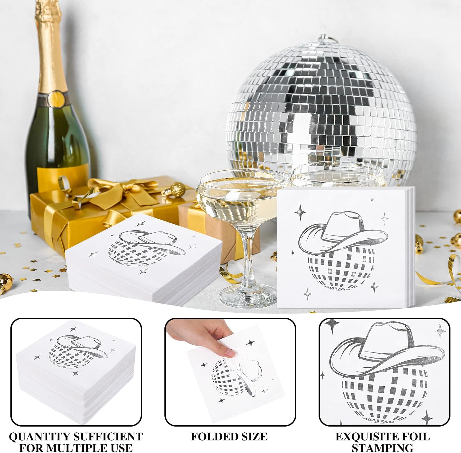 Ctosree 100 Pack Disco cowgirl Napkins 70s 80s 90s Disco Party Decorations Western Cowgirl Stylish Silver Napkins for Birthday Bachelorette Wedding (White)