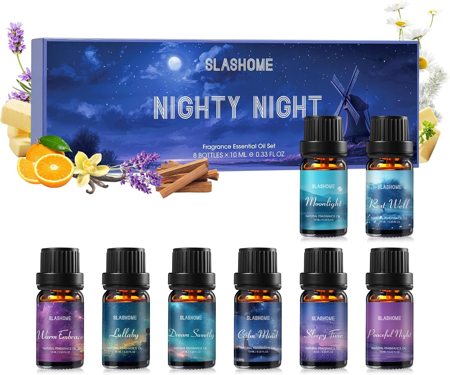 Good Night Essential Oils Set | 8 Pcs Sleep Aromatherapy Oils for Diffuser, Fragrance Oil for Candle, Aromatherapy Gift Set, Sleepy Time, Rest Well, Moonlight, Dream Sweetly, Peaceful Night, & More
