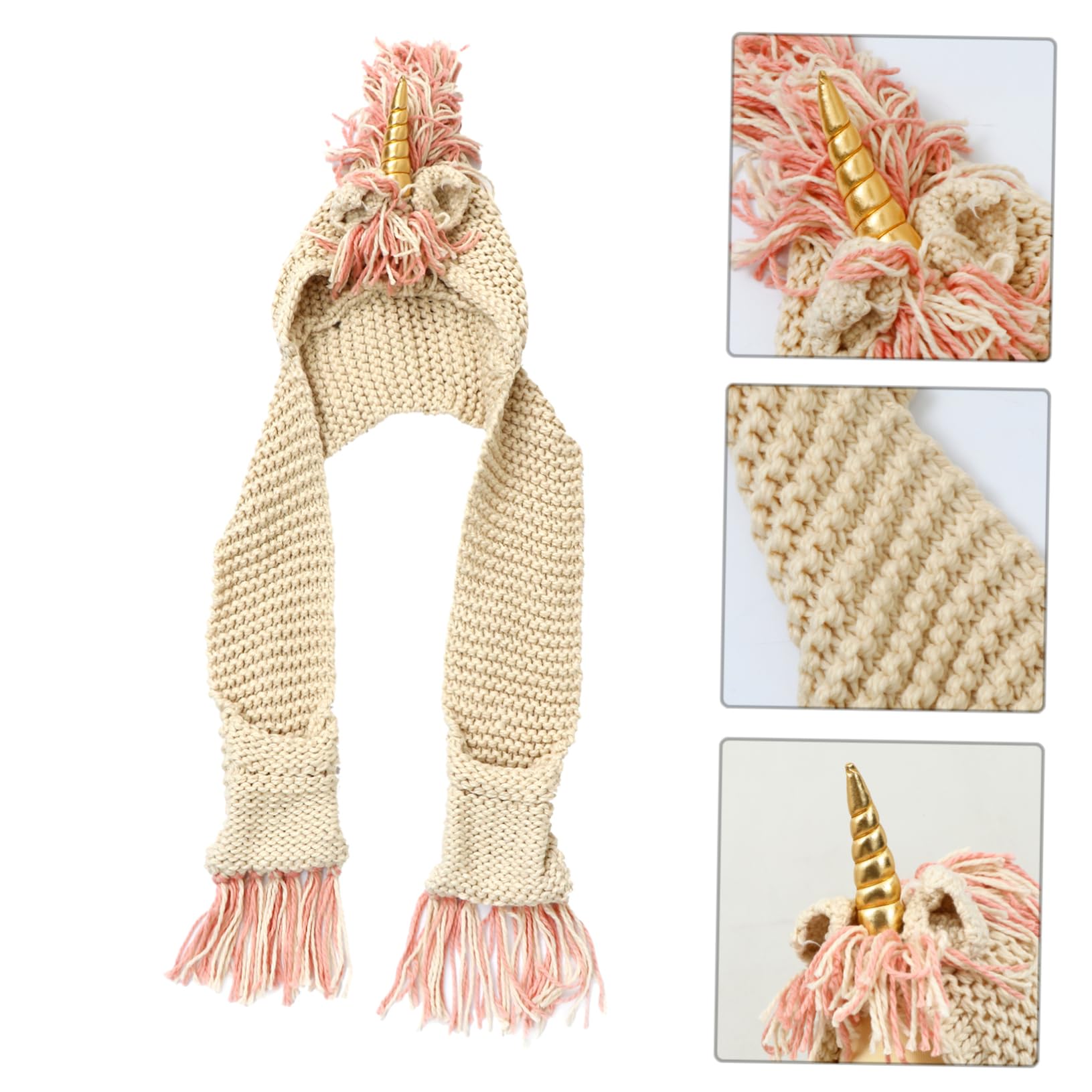 Gorro de Unicornio de Crochet para Niños, Grande 6-12 Años, Acrílico Dorado | Bolsillo para Bufanda, Tejido a Mano, Capucha Cálida, Adecuado para Festivales y Sesiones Fotográficas