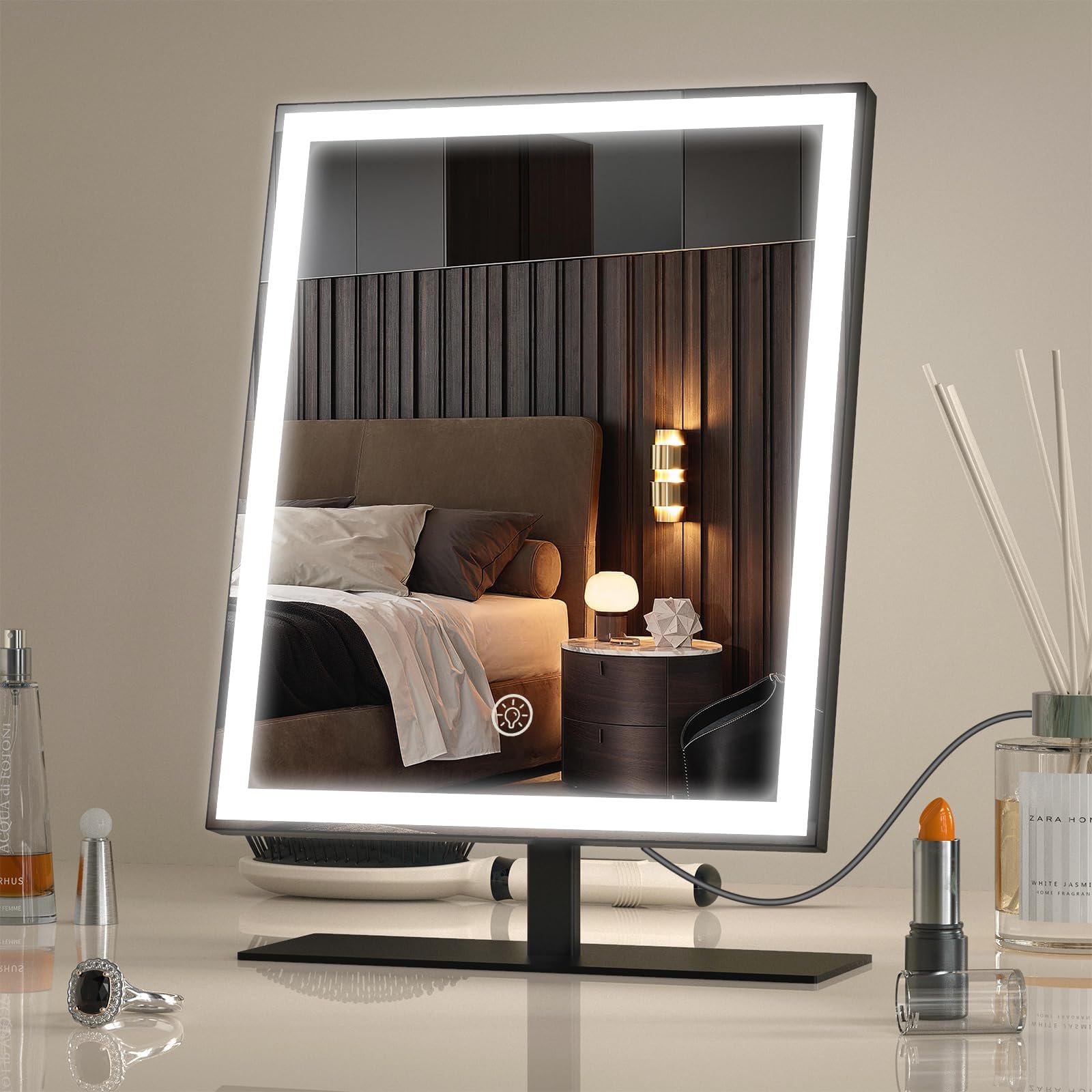 ANTENLICHT Hollywood Espejo Maquillaje con Luz, Espejo Tocador Lluminado Grande de 3 Colores, Espejo Tocador con Luz, Pantalla de Control Táctil (Negro)