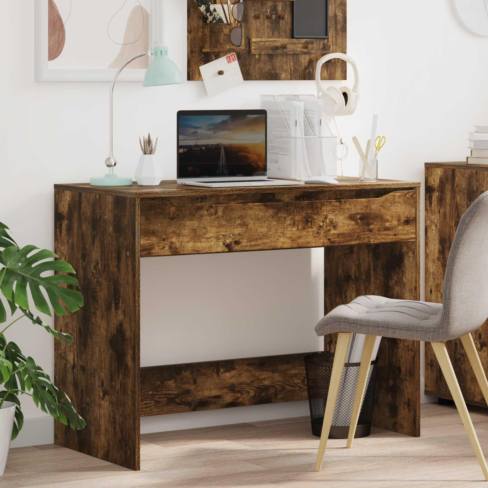 Scrivania con cassetto, in legno di rovere affumicato, 100 x 50 x 78 cm, compatta, per ufficio, studio, con ripiano per postazione di lavoro organizzata