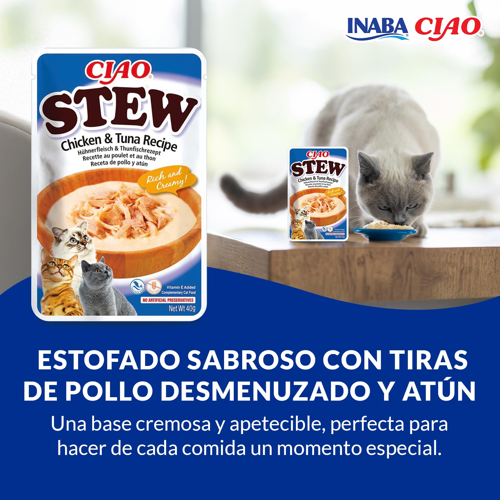 INABA Ciao Stew - Guiso Saludable para Gatos - Snacks, Receta de Pollo con Atún - Premios Ricos y Cremosos - Sin Cereales, Conservantes, Colorantes - Pocas Calorías - 40g