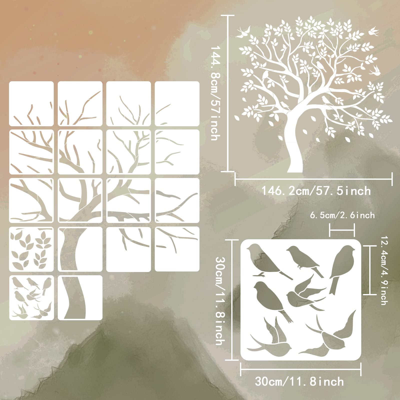 FINGERINSPIRE 18 pz Albero Stencil per Pittura 30x30 cm Riutilizzabile Albero Genealogico Modello Disegno 150x120 cm/59x47 pollici Albero e Uccelli Stencil per Parete per Paing su Legno, Pavimento