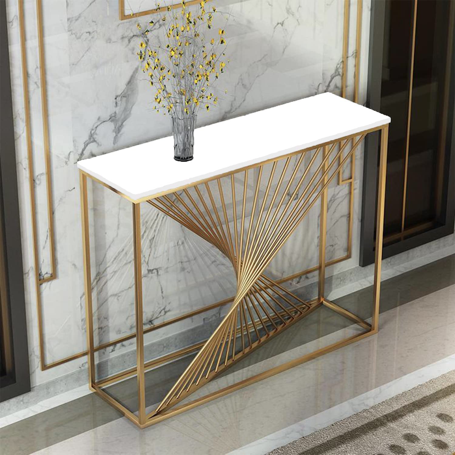 NU INVENTION Metal Console Table in Golden Finish with Engineered Wood Top NU INVENTION Metal Console Table in Golden Finish with Engineered Wood Top