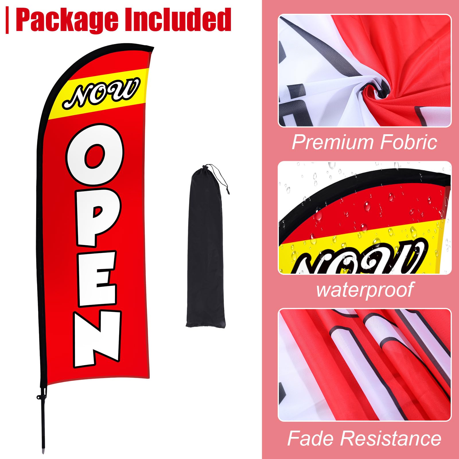 Buryeah Cartel de bandera abierta de 11 pies para publicidad de negocios, letrero de bandera de plumas con poste de bandera, estaca de suelo, bolsa portátil, letreros de apertura de bolsa para