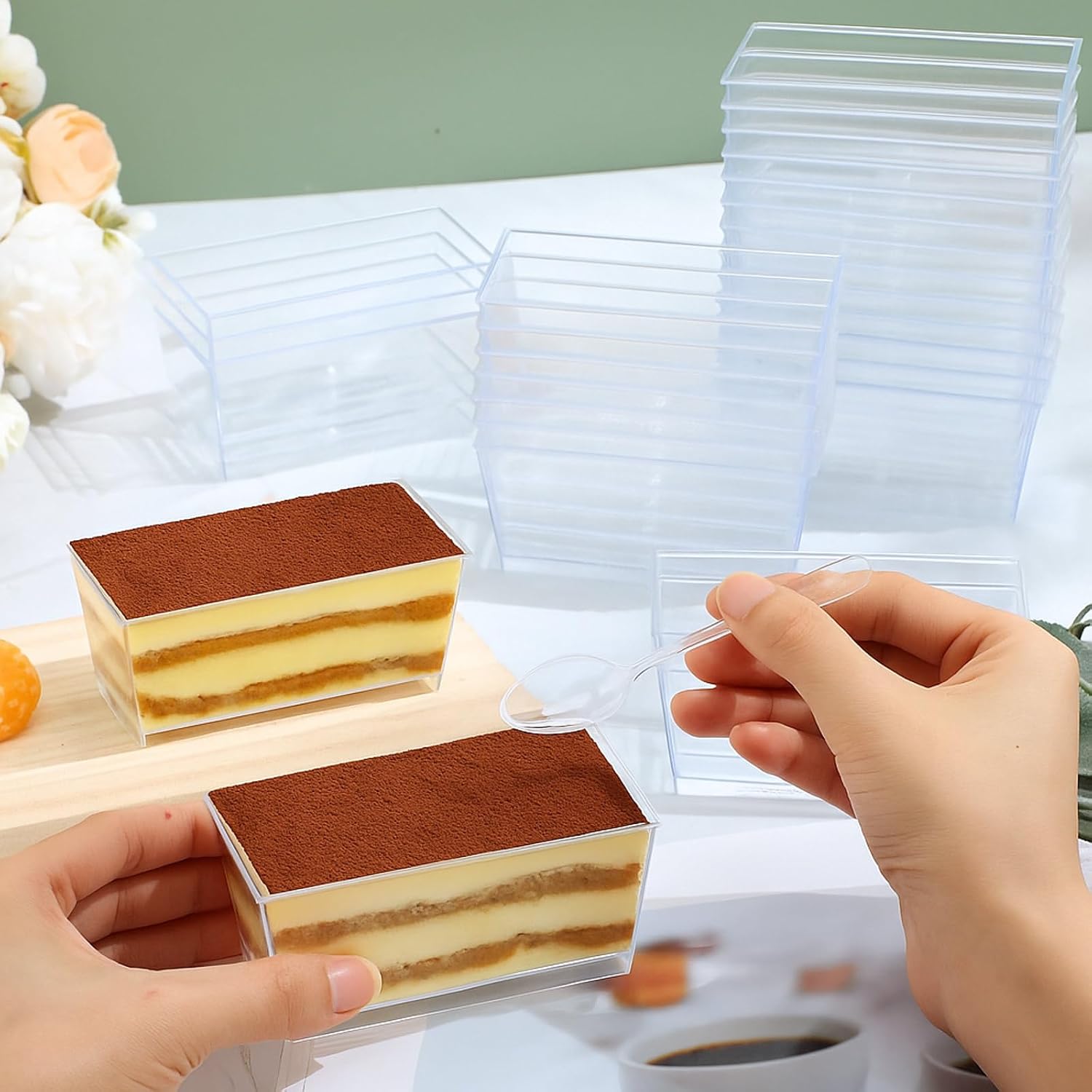Reallnaive 200 Pcs Clear Dessert Cups with Spoons 5oz Rectangular Appetizer