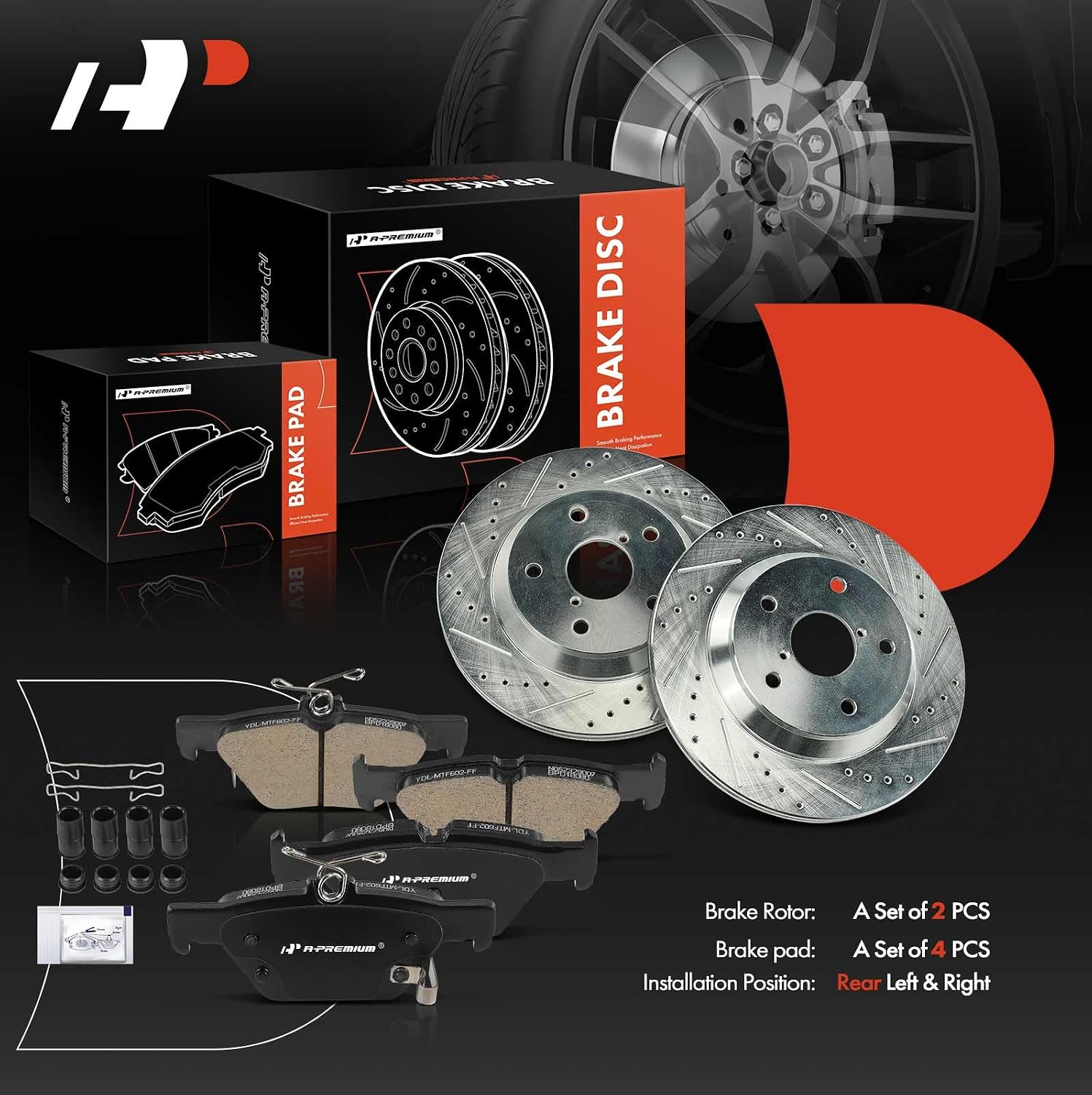 A-Premium 11.22 in (285 mm) Rear Drilled and Slotted Disc Brake Rotors + Ceramic Pads Kit Compatible with Select Subaru Models - Forester 2019, 6-PC Set