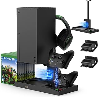 Auarte 5 in 1 Vertikaler Kühlständer für Xbox Series X Zubehör mit Controller Ladestation und Lüfterkühler, Headset Halterung und Spiele Aufbewahrung für Xbox Series X Konsole (2stk 1400mAh Akkus)