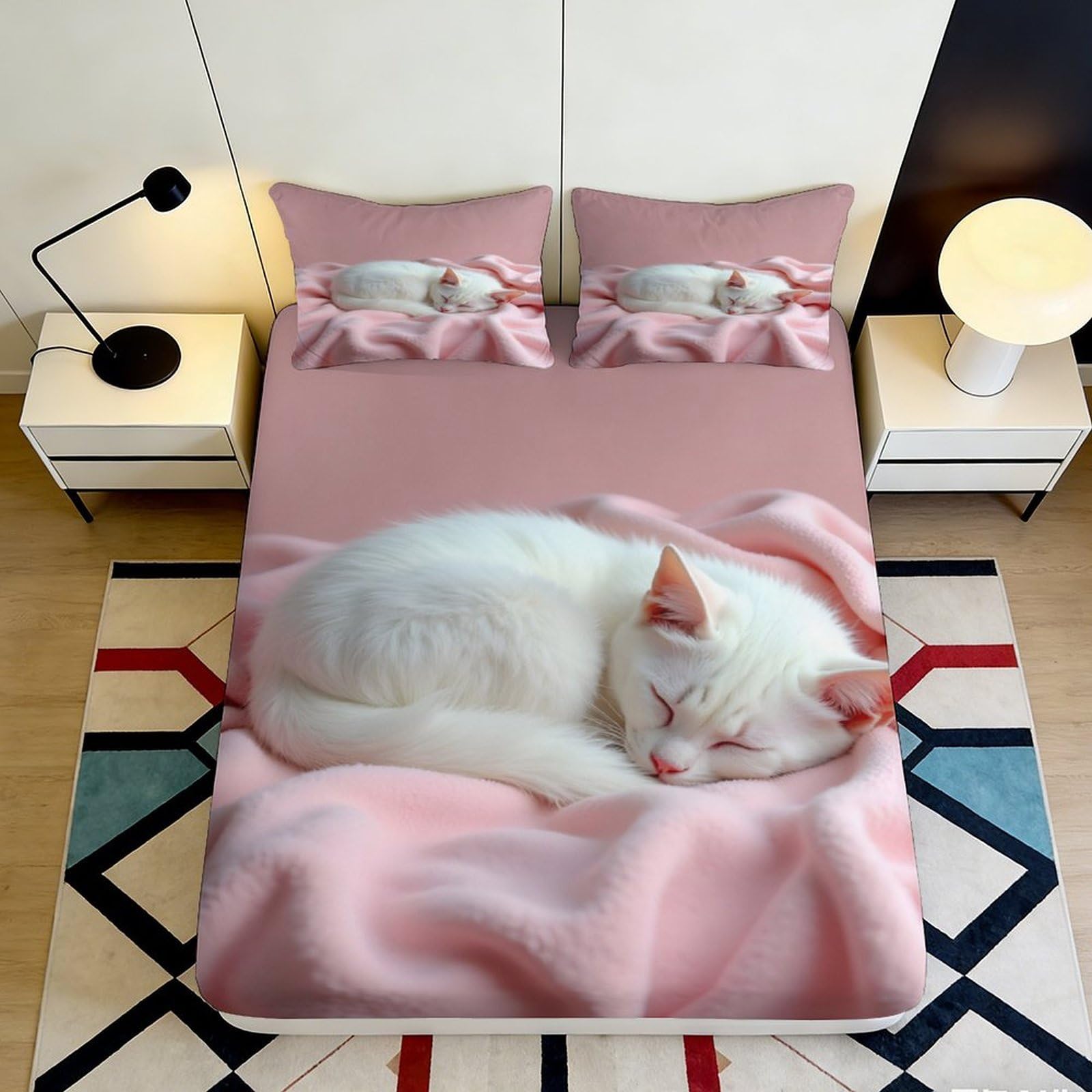 Kzqnxhjprl Style-3 3D Printed Sleeping White Cat Fitted Sheet Microfiber Pink Blanket Bed Cover For Bedroom Guest Room Decor Easy Care 90X200x25cm