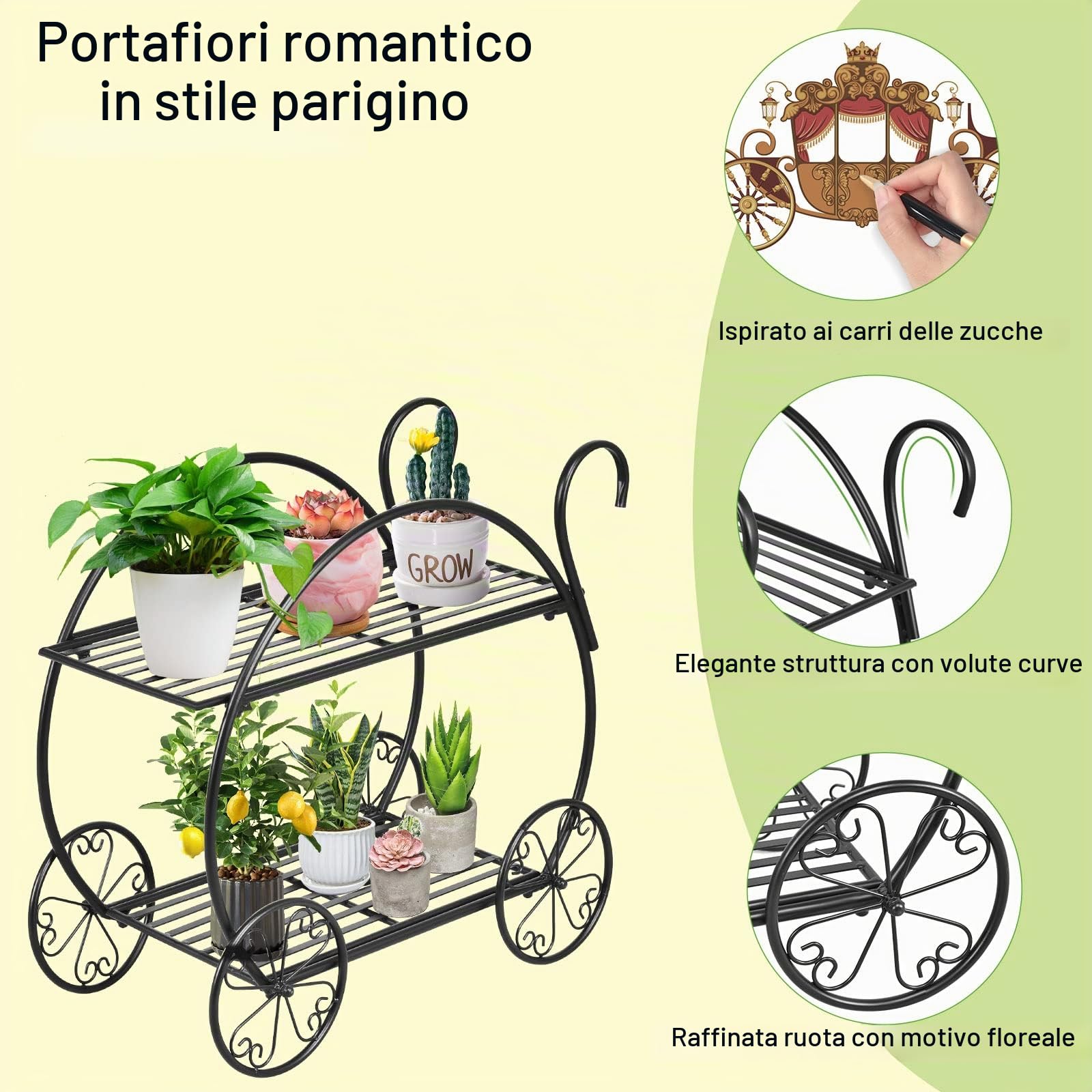Scaffale per Piante in Metallo, Espositore Unico e Delicato per Fiori da Esterni, Supporto per Fiori, Porta Piante in Ferro Battuto a 2 Livelli da Balcone, Salotto, 66 x 34 x 62,5 cm, Nero