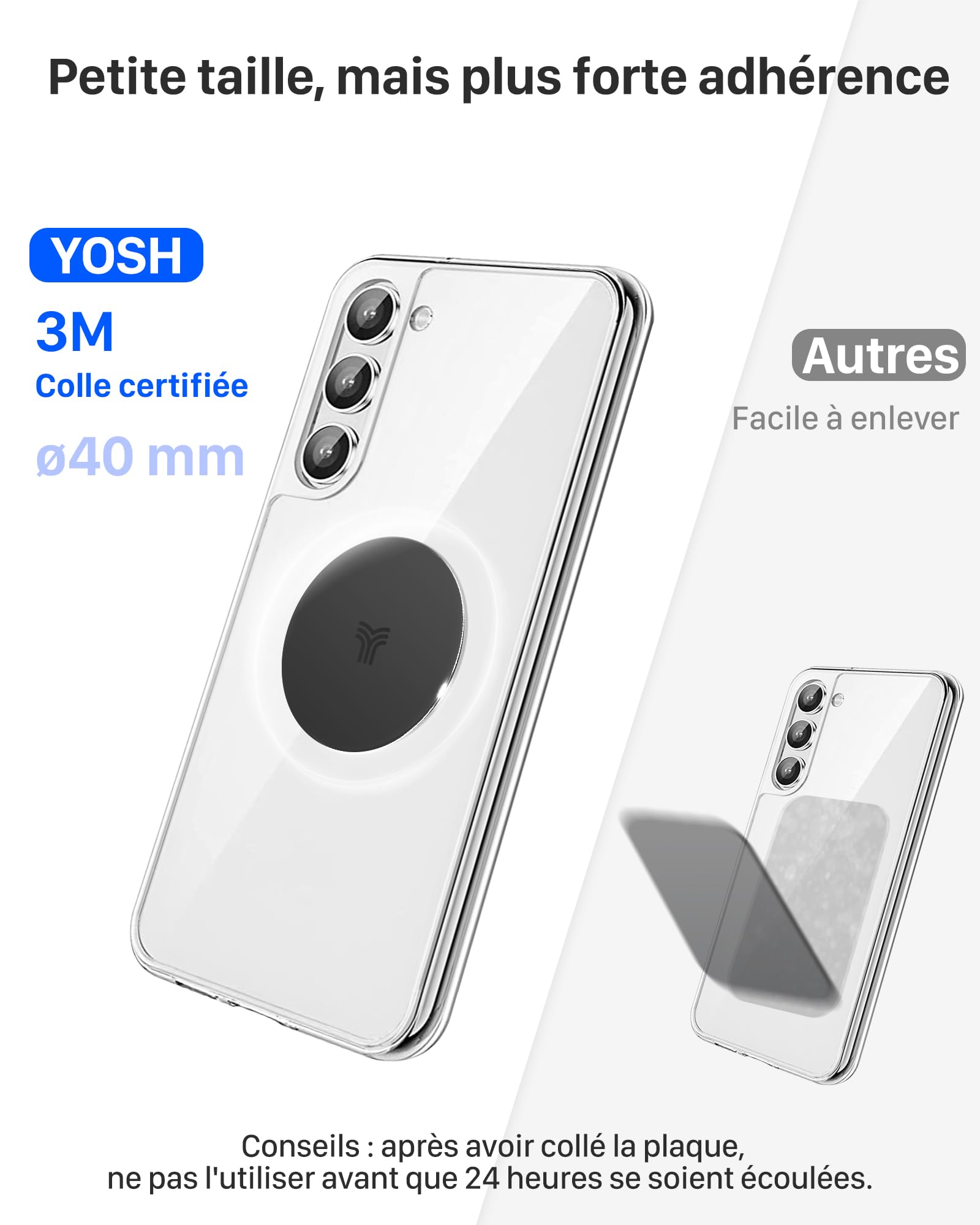 YOSH Support Telephone Voiture Magnetique, [Magnétisme Puissant] Porte Téléphone Voiture Aimanté pour iPhone 16 15 14 Pro Max Plus, Samsung Huawei Xiaomi & Android Smartphone [avec Plaque de métal]