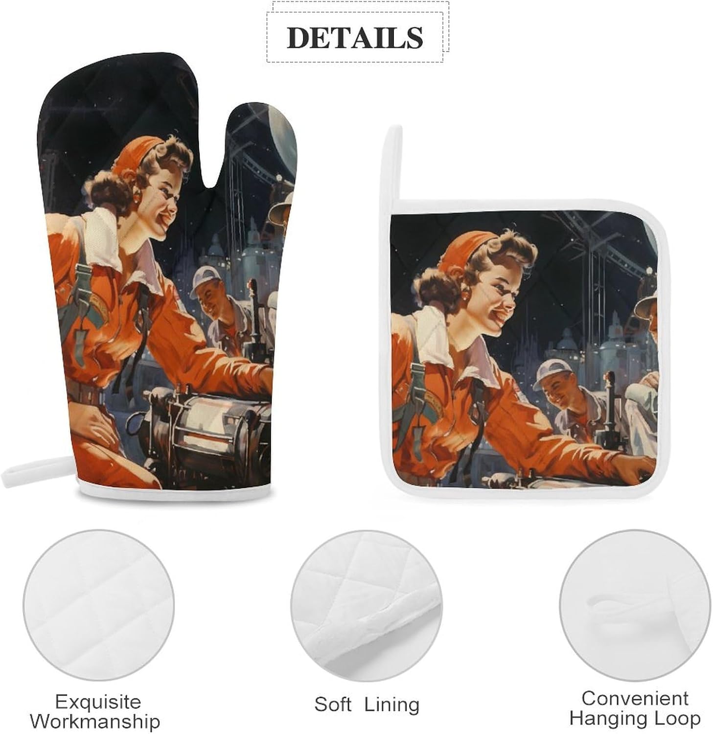 USSR Space Program Rocket Communism 4 Pcs Oven Mitts and Pot Holders Set High Heat Resistant Long Kitchen Oven Glove Potholders