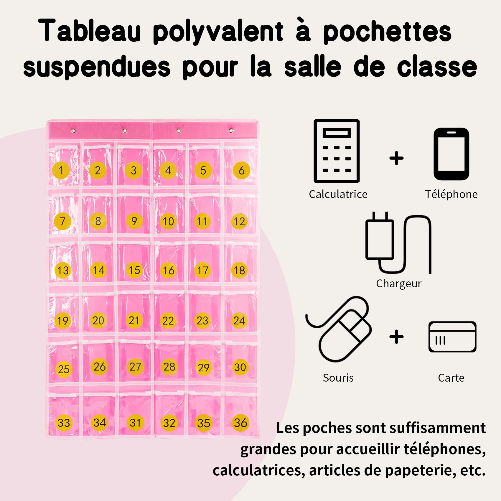 Organiseur de salle de classe à 36 poches, support de calculatrice de téléphone, support mural à suspendre avec crochets et autocollants numérotés (Rose)
