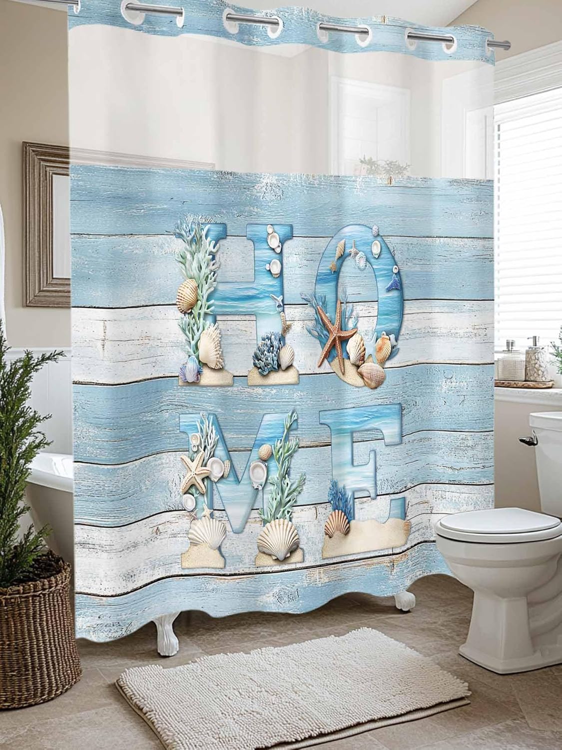 No Hook Shower Curtain with Snap in Liner, Summer Ocean Beach Shell Home Quote Waterproof Bath Curtain Double Layers with See Through Top Window, Farm Blue Wood Board Hotel Shower Curtains