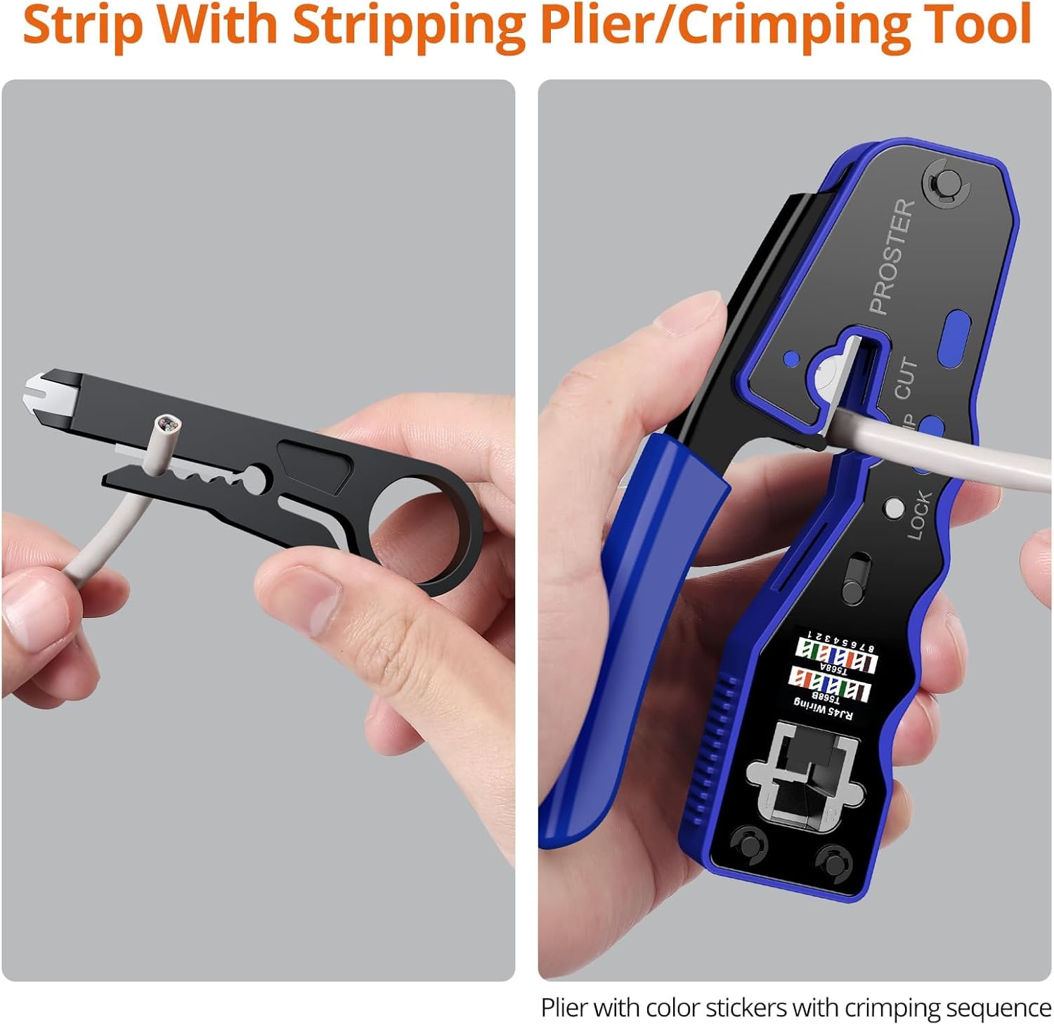 Proster RJ45 Crimper Tool Kit - Stripper Cutter Crimper Tool for RJ45 Cat6 Cat5 Cat5e Pass-Thru Connectors, with 50pcs Cat6 Connectors and Protection Covers, 1pcs Wire Stripper